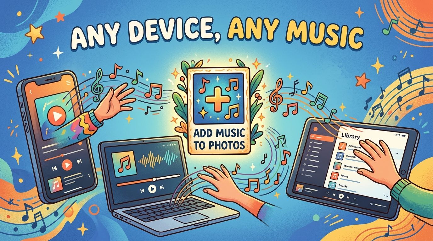A colorful cartoon illustration showing various devices including a phone, laptop, and tablet adding music to photos.