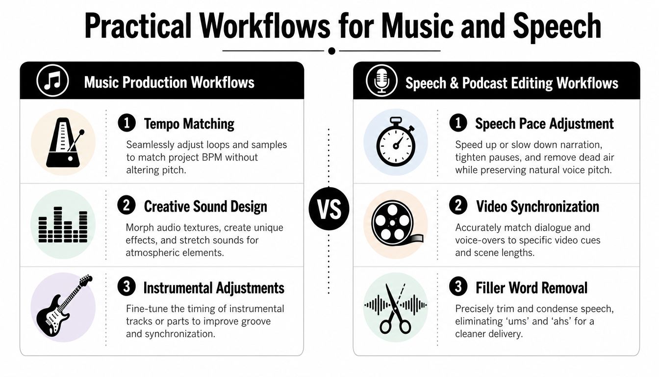 A comparison chart showing practical audio time-stretching workflows for music production versus speech and podcast editing.