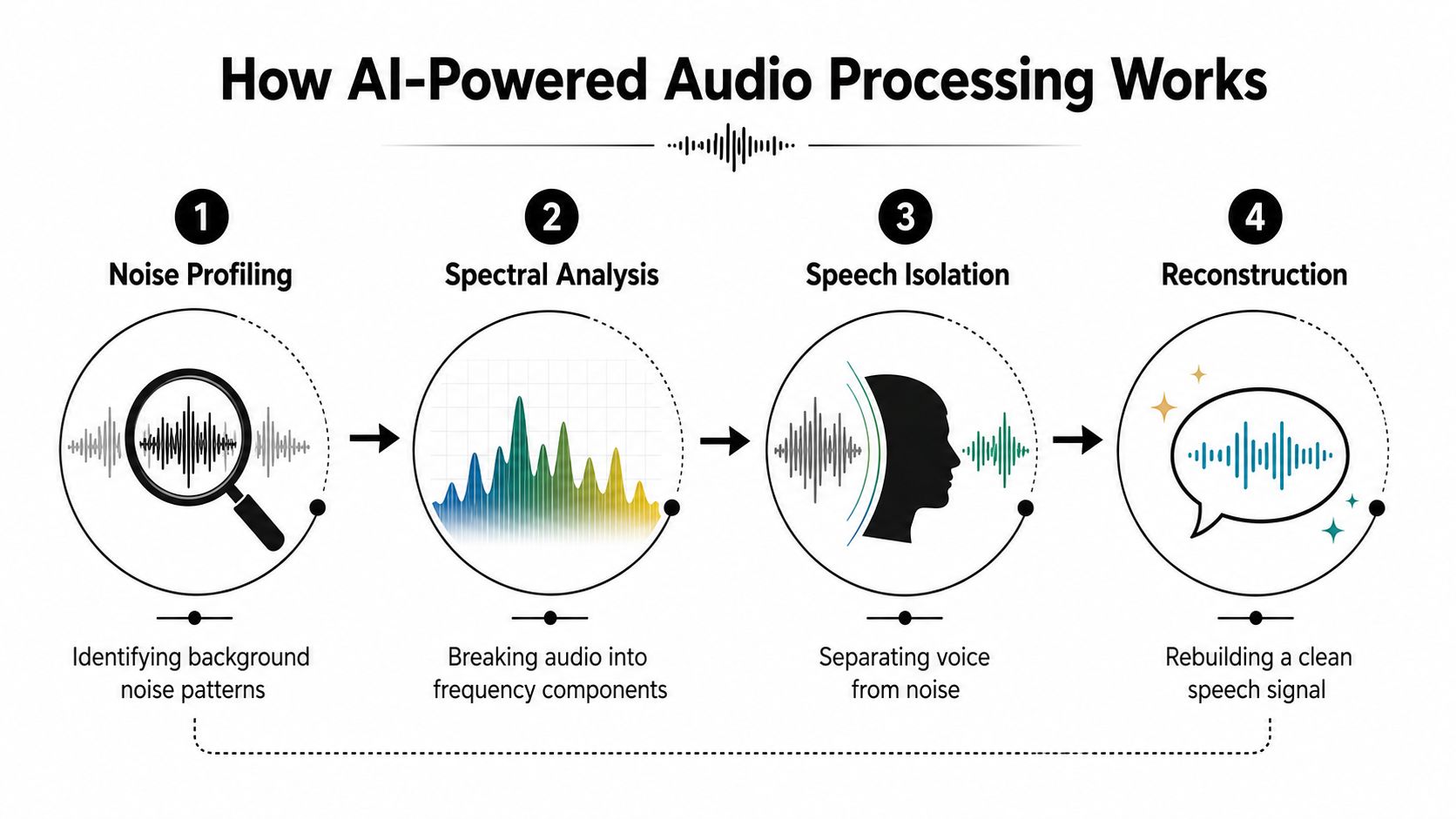 A four-step infographic illustrating how AI-powered audio processing works to clean and isolate speech from background noise.