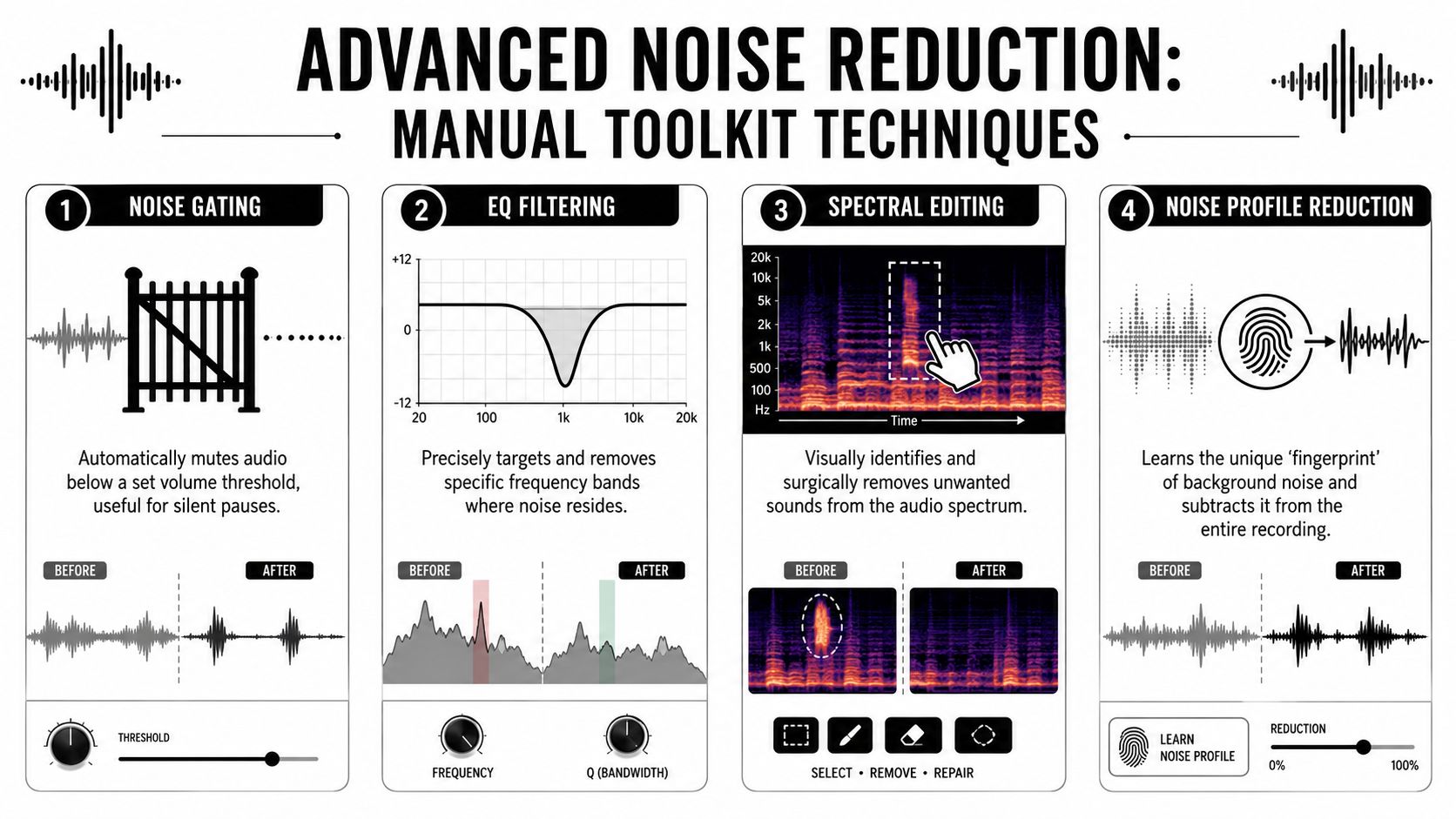 An infographic detailing four manual techniques for advanced audio noise reduction in professional voice recordings.