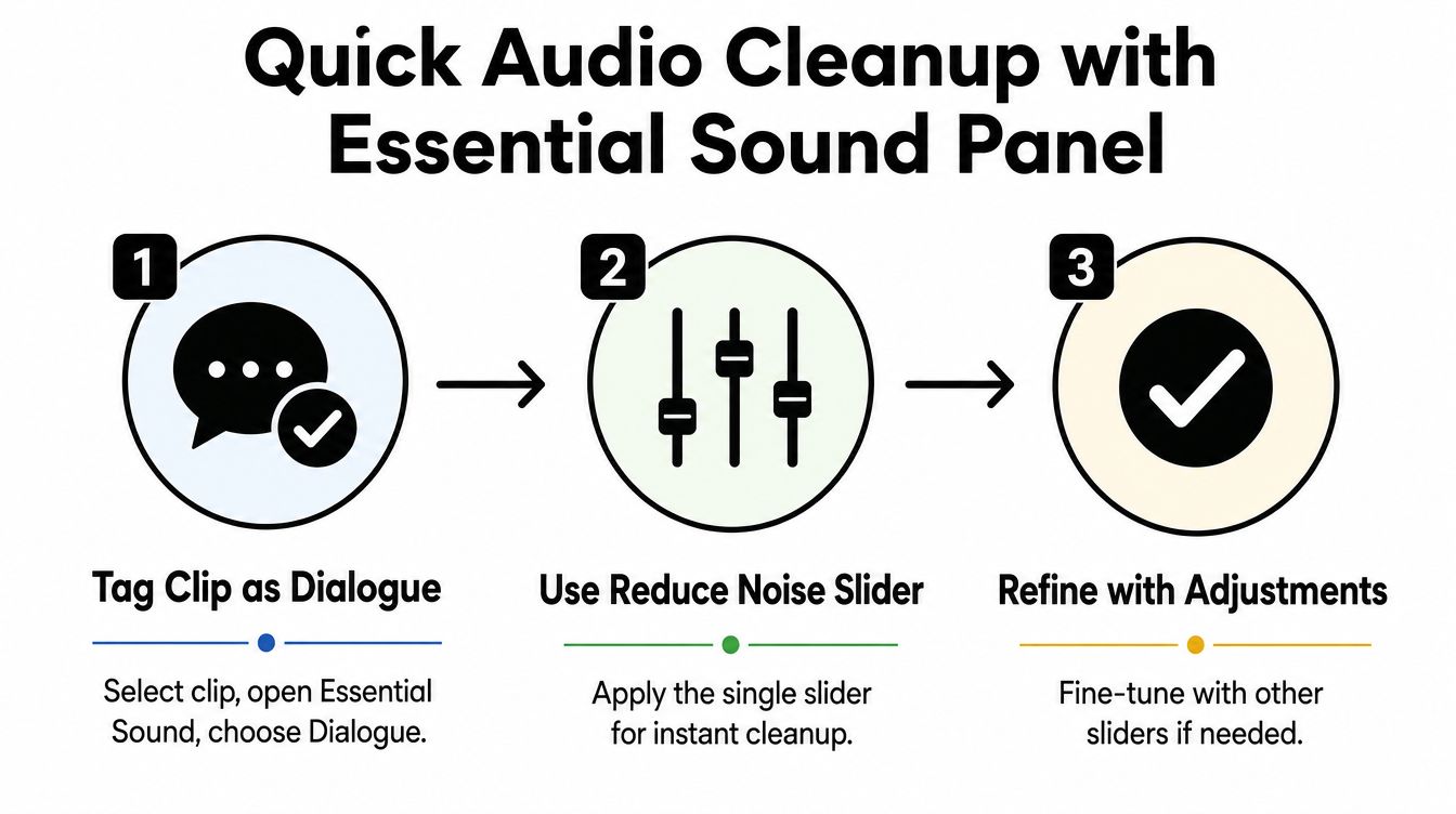 A three-step infographic showing how to clean up audio using the Essential Sound panel in Premiere Pro.