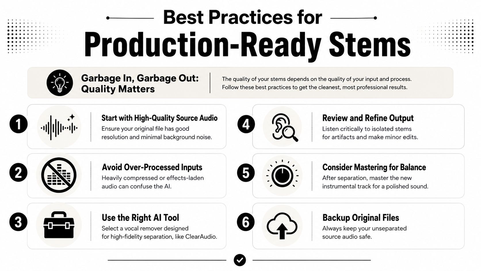 An infographic titled Best Practices for Production-Ready Stems detailing six essential tips for high-quality audio stem separation.