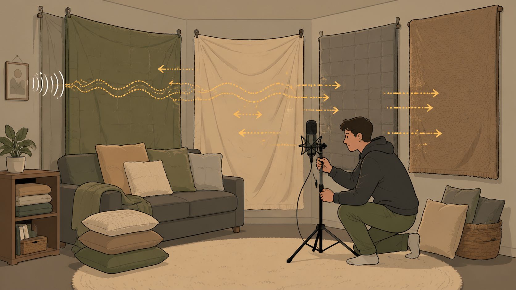 A young man adjusting a microphone in a room with sound-absorbing blankets for podcast recording.