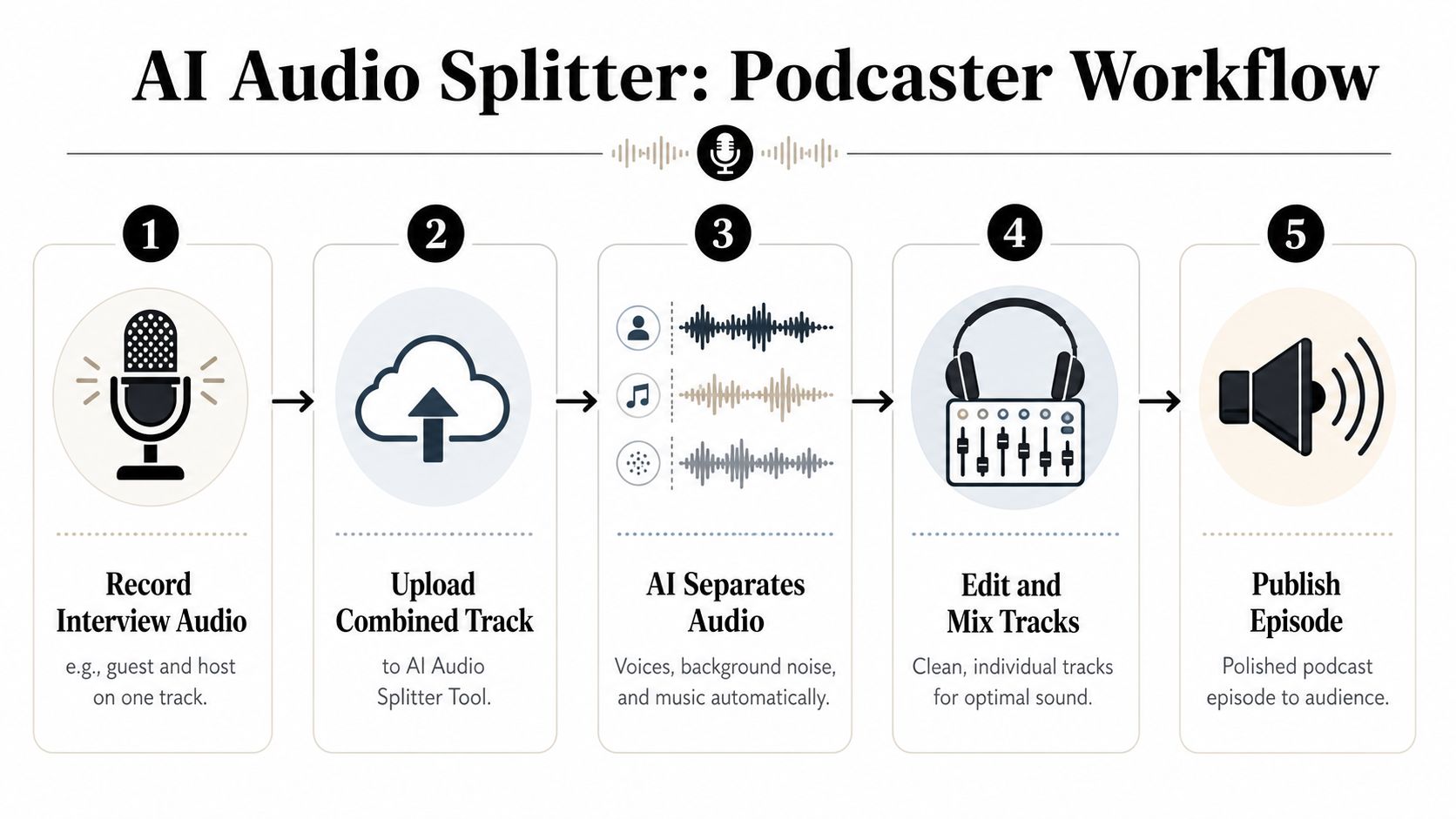 A five-step infographic showing the workflow for using an AI audio splitter for podcast production.