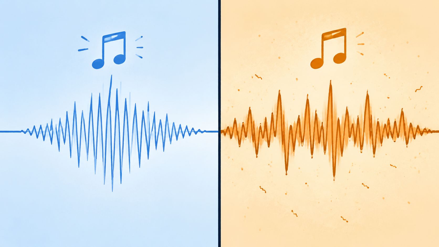 A split screen comparison showing a clean blue sound wave versus a distorted orange sound wave.