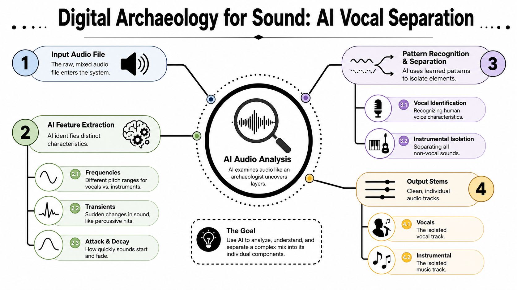 A diagram illustrating the step-by-step process of AI vocal separation for digital audio analysis and extraction.