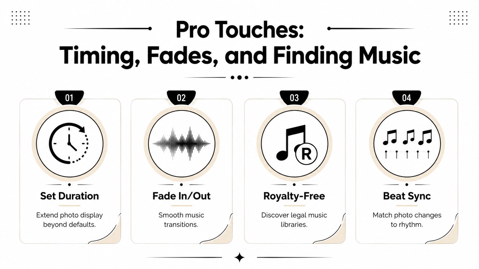 A professional guide illustrating tips for adding music to photos, including duration, fades, and beat sync.