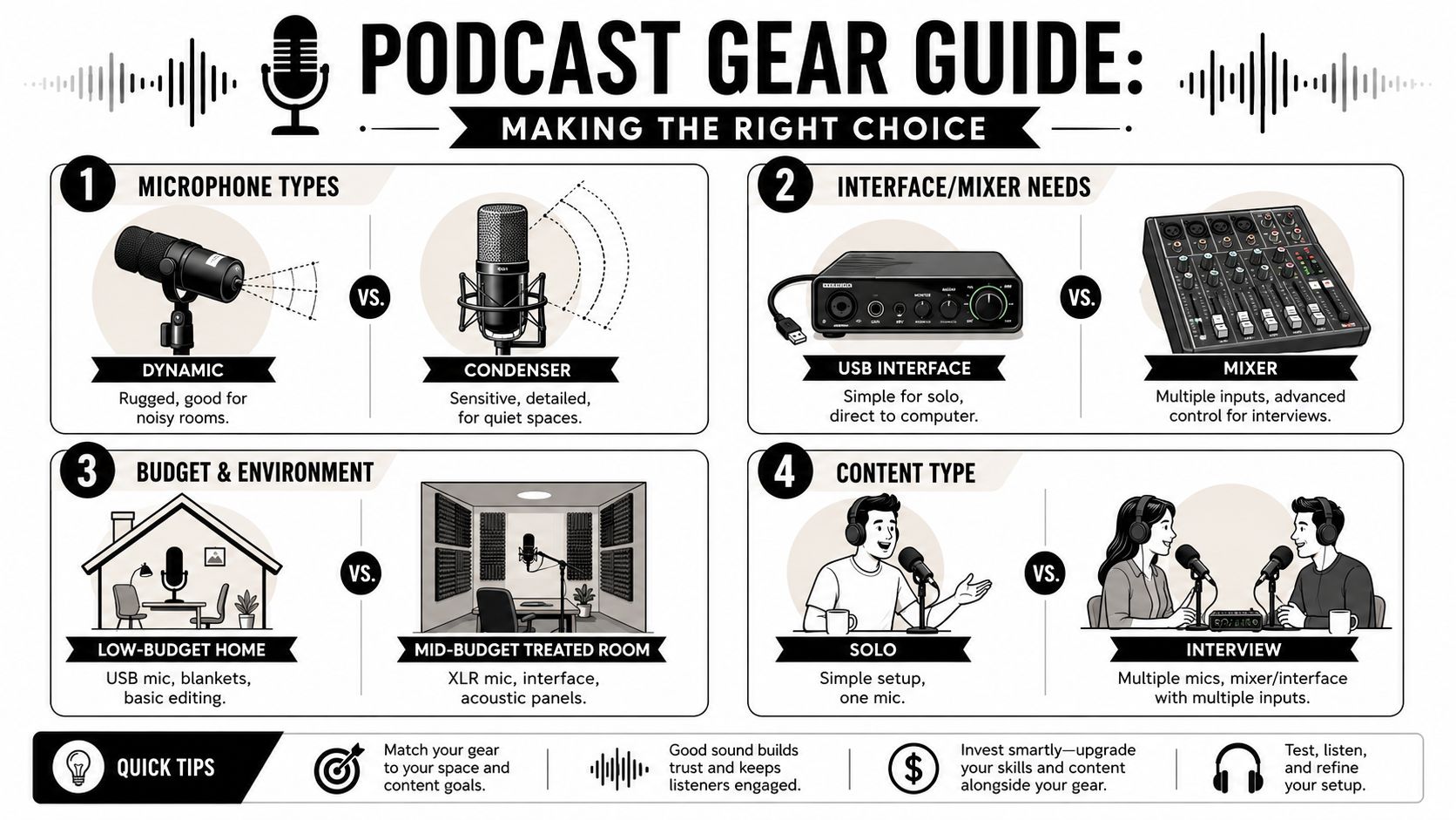 A visual guide comparing microphone types, recording equipment, room environments, and podcast setup styles for beginners.