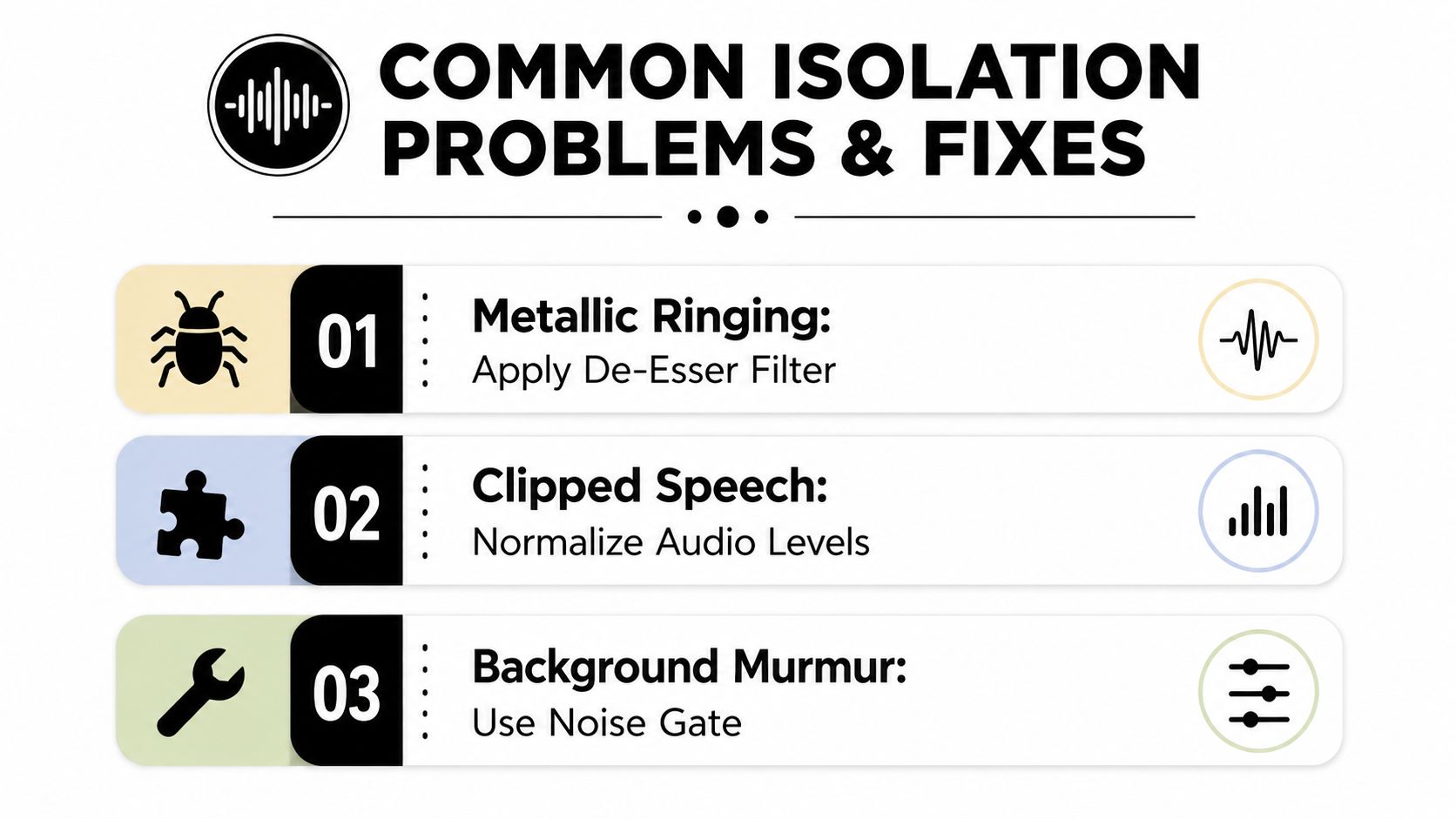 A graphic titled Common Isolation Problems and Fixes showing three audio issues and their corresponding solutions.