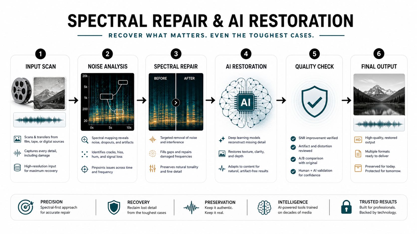 A six-step infographic illustrating the spectral repair and AI-driven process for restoring high-quality audio and media content.