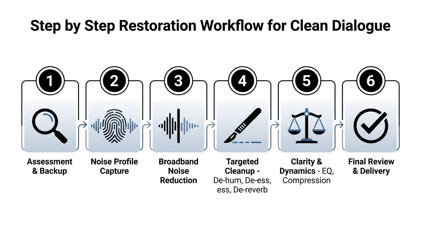 A six-step diagram illustrating a professional workflow for cleaning and restoring dialogue audio files.