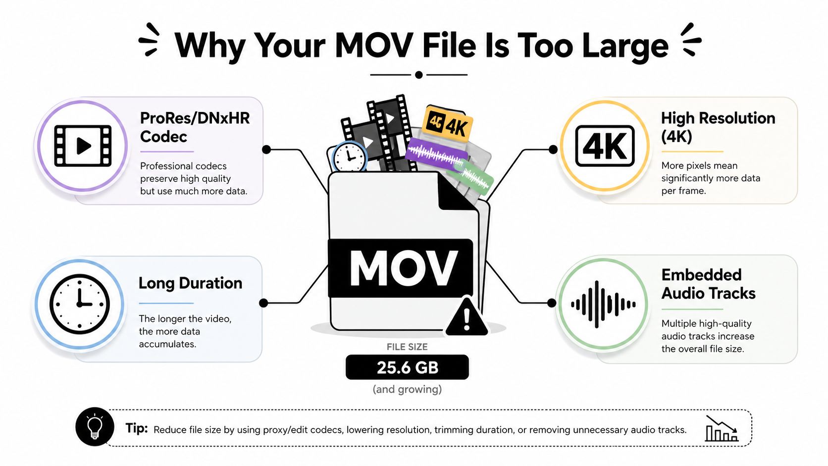 An infographic explaining why MOV video files become excessively large, highlighting codec, resolution, duration, and audio tracks.