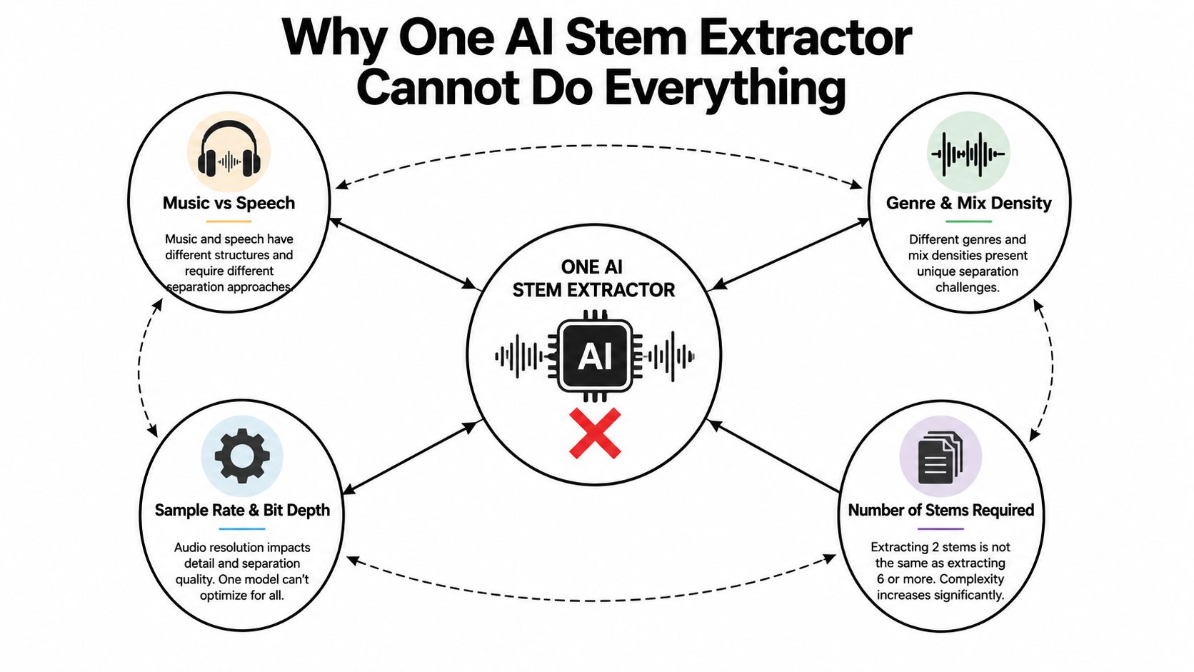 A diagram explaining why a single AI stem extractor cannot handle all audio separation tasks efficiently.