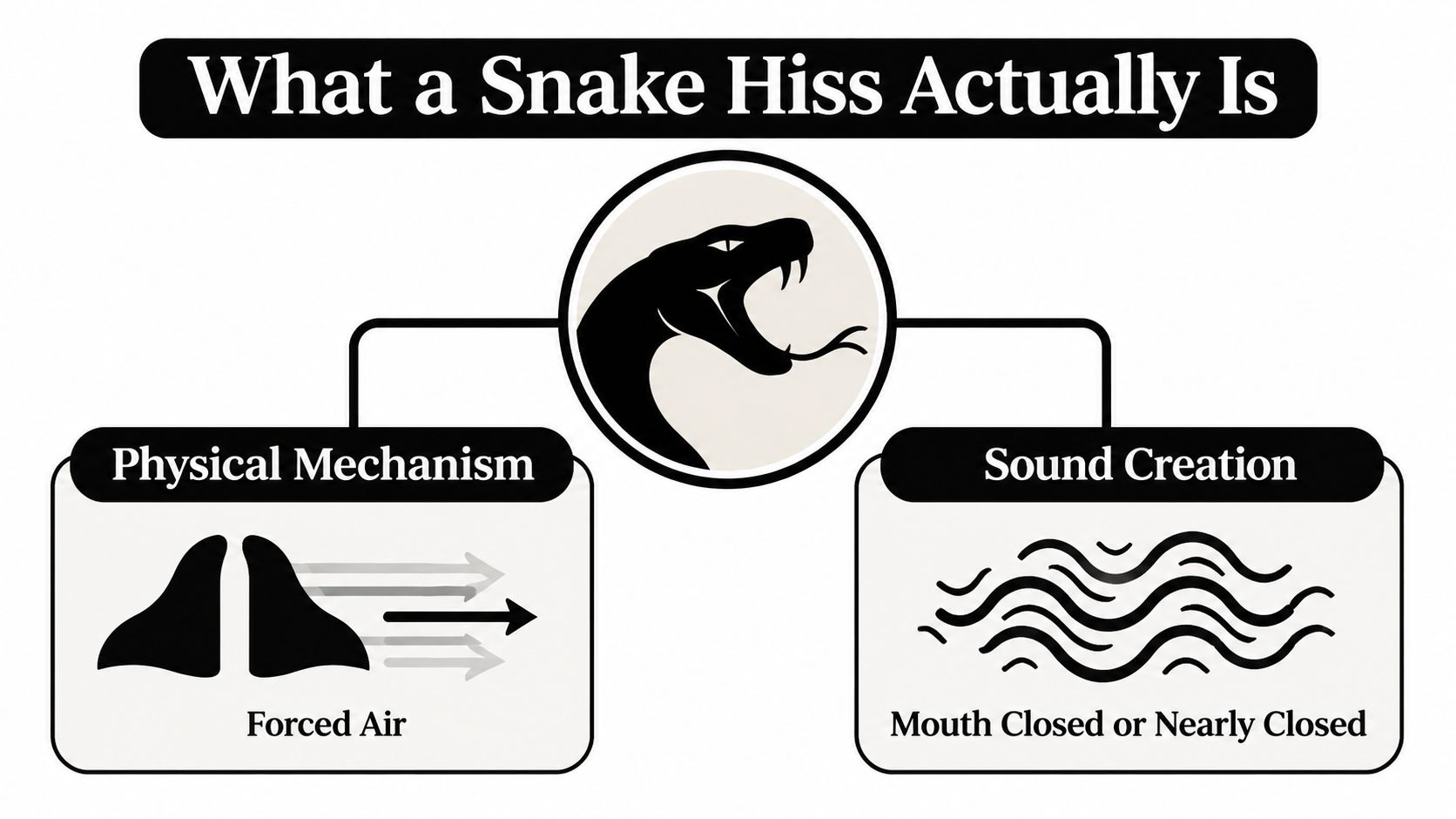 A diagram explaining that a snake hiss is created by forced air through a closed mouth.