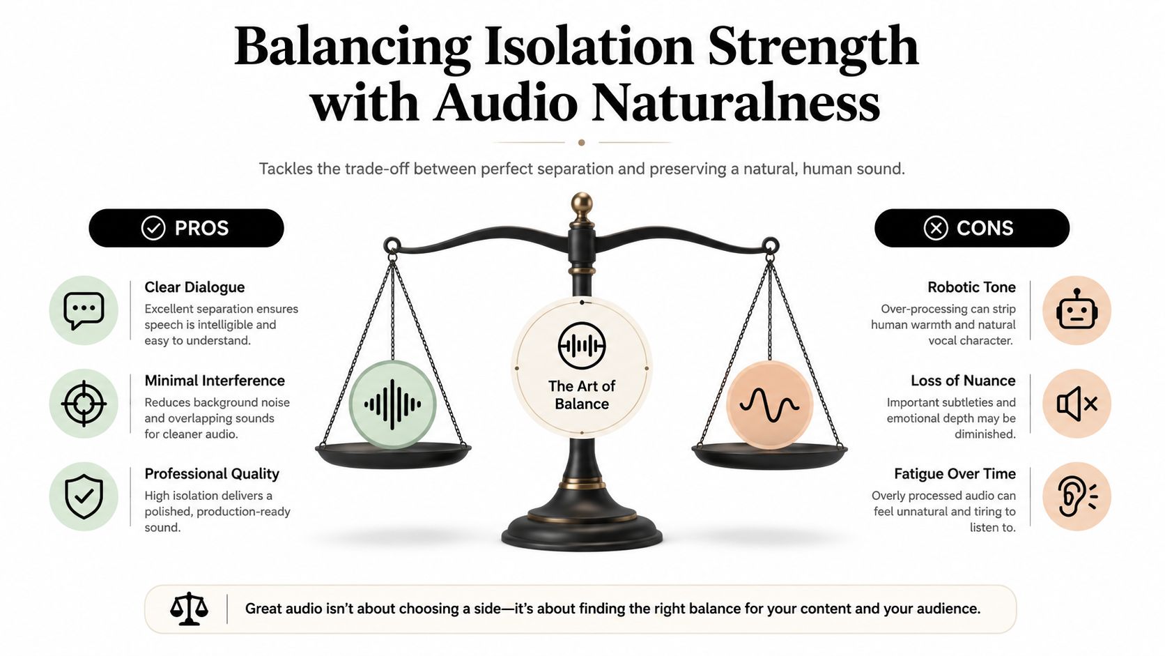 A visual comparison infographic weighing the pros and cons of balancing audio isolation strength and naturalness.