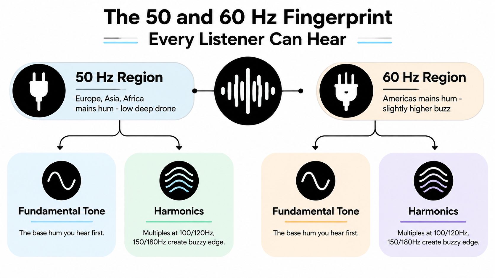 A diagram comparing 50 Hz and 60 Hz mains hum frequencies, their harmonics, and regional distribution.