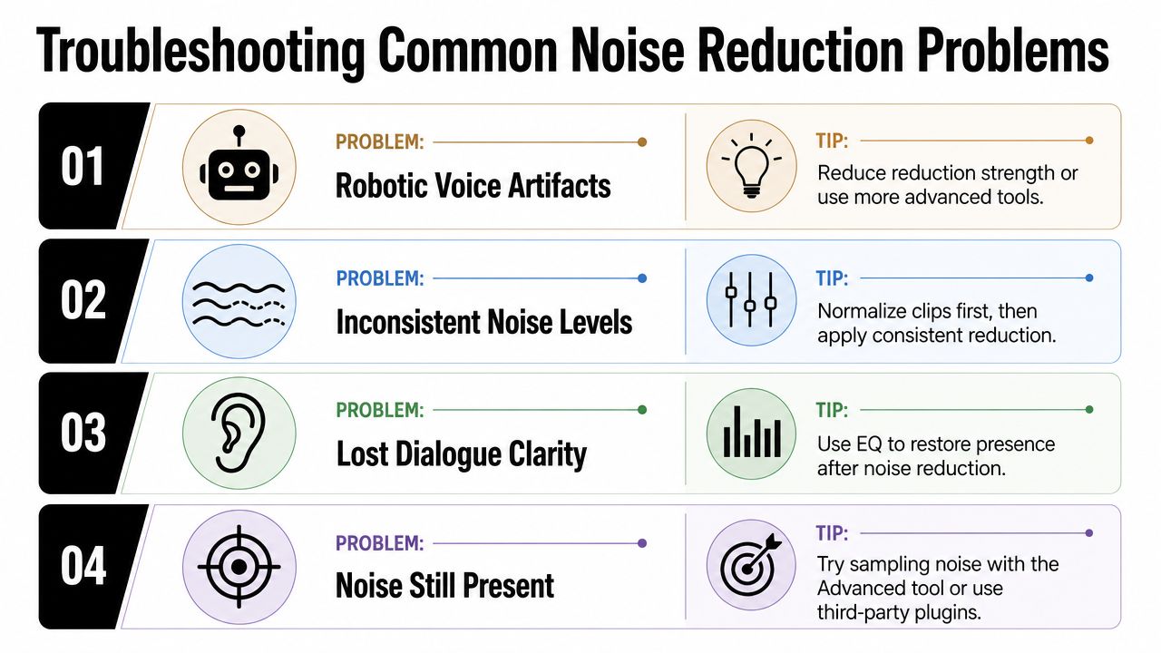 A troubleshooting guide graphic explaining four common audio noise reduction problems and their corresponding professional solutions.