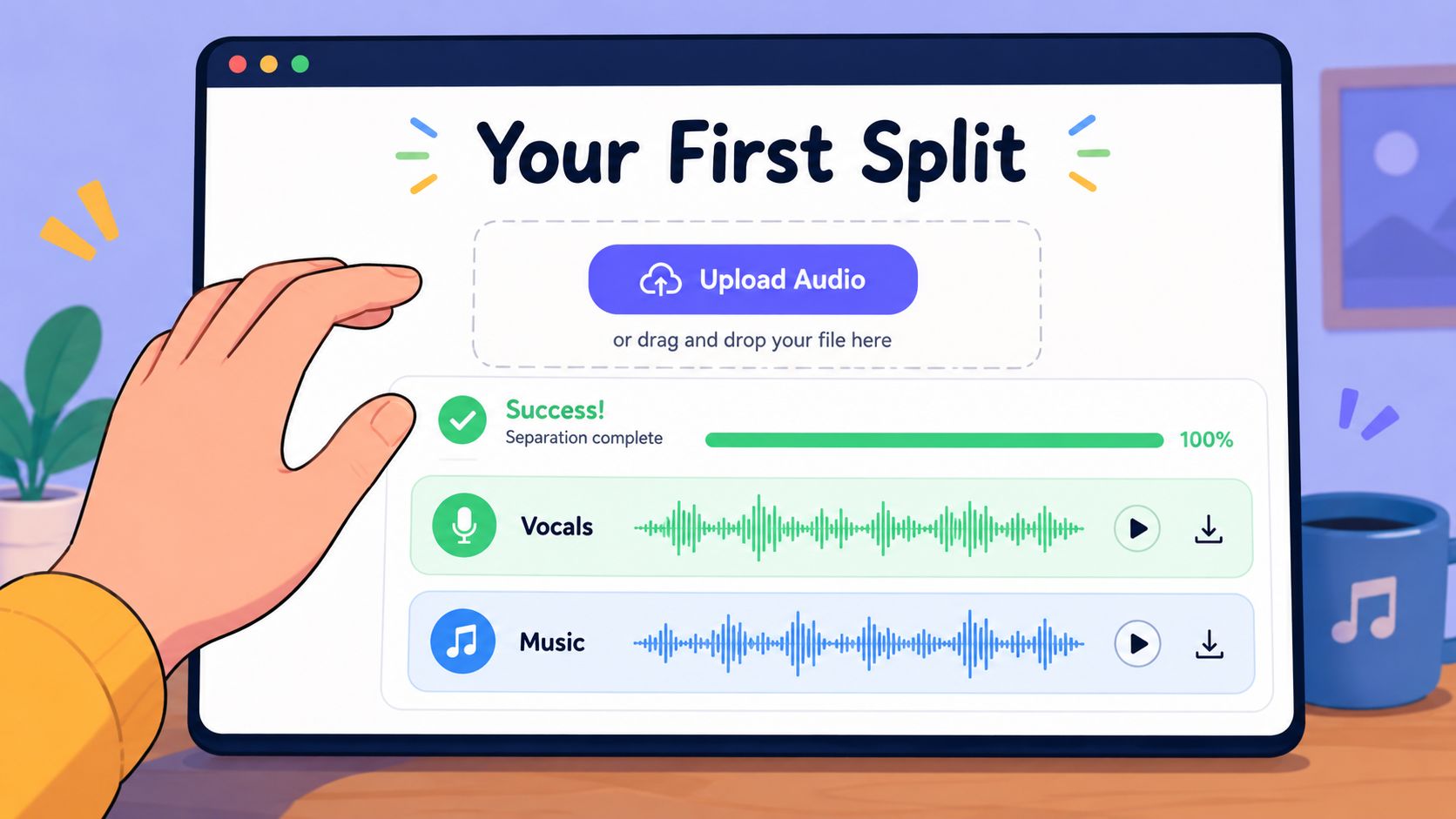 A hand interacting with a website interface showing successful AI-powered audio separation into vocals and music tracks.