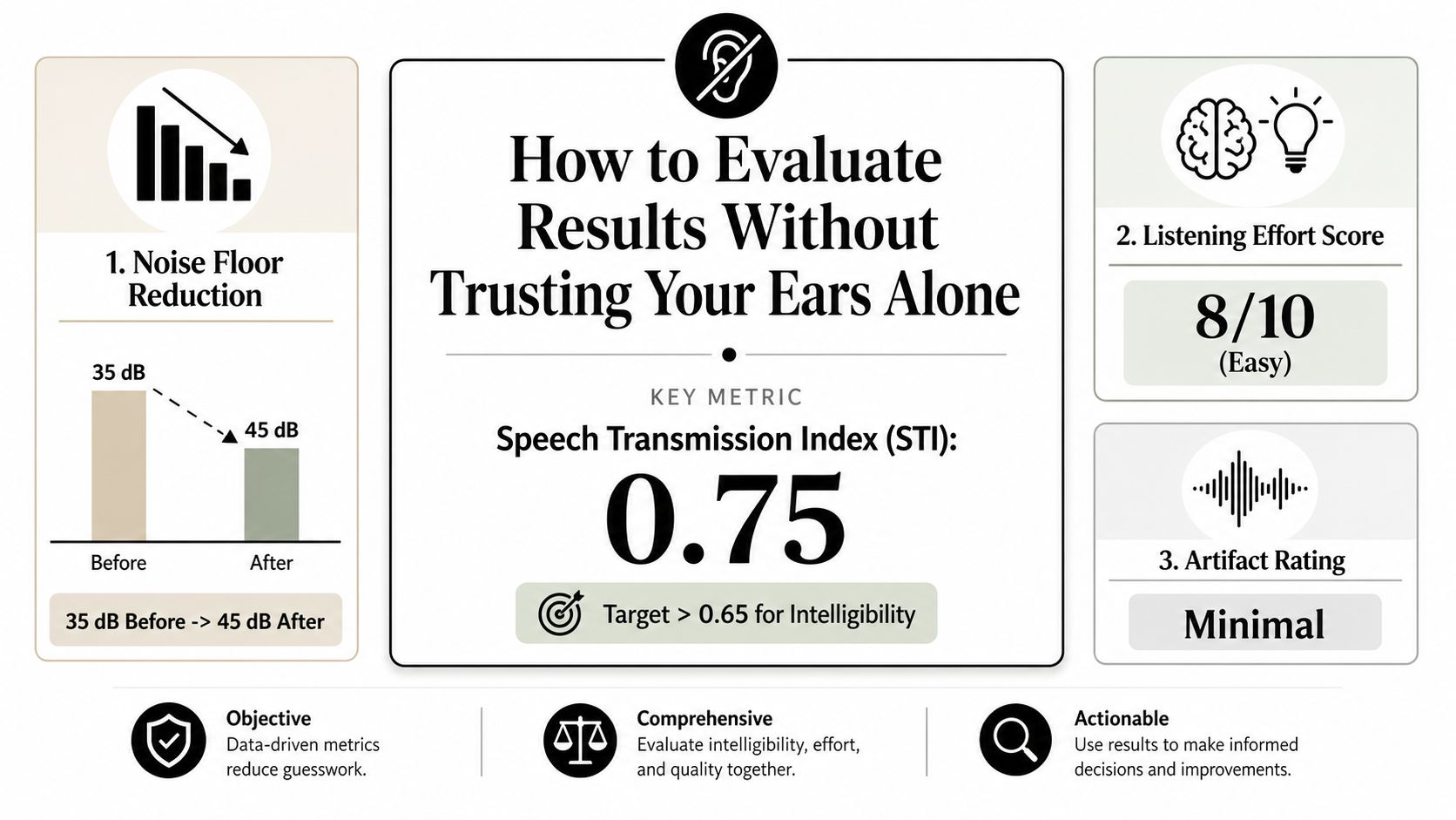 An infographic showing metrics for evaluating audio restoration quality including noise reduction, listening effort, and speech intelligibility.