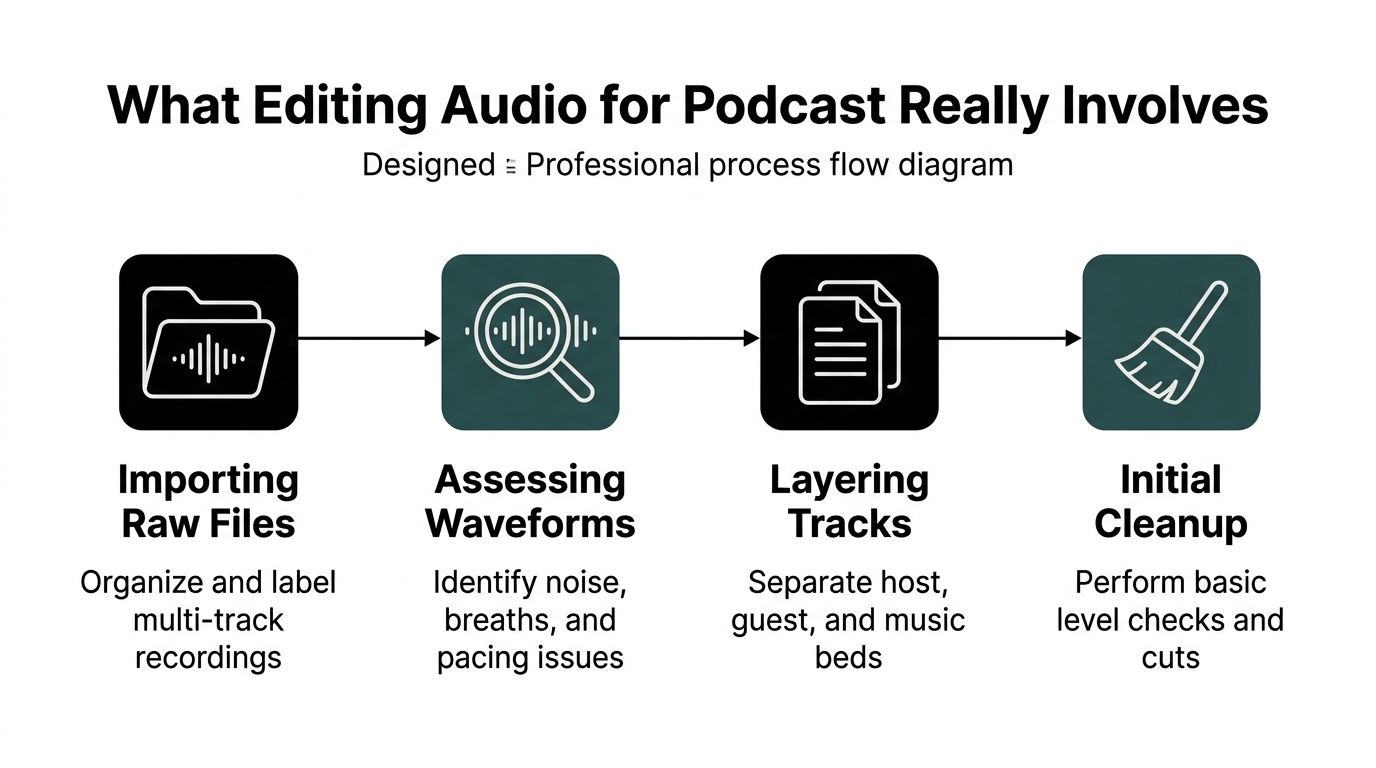 A process flow diagram showing four steps for editing podcast audio, including importing, assessing, layering, and cleanup.