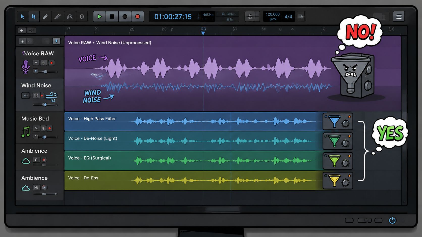 A digital audio workstation screen showing the process of removing wind noise from voice recordings using filters.
