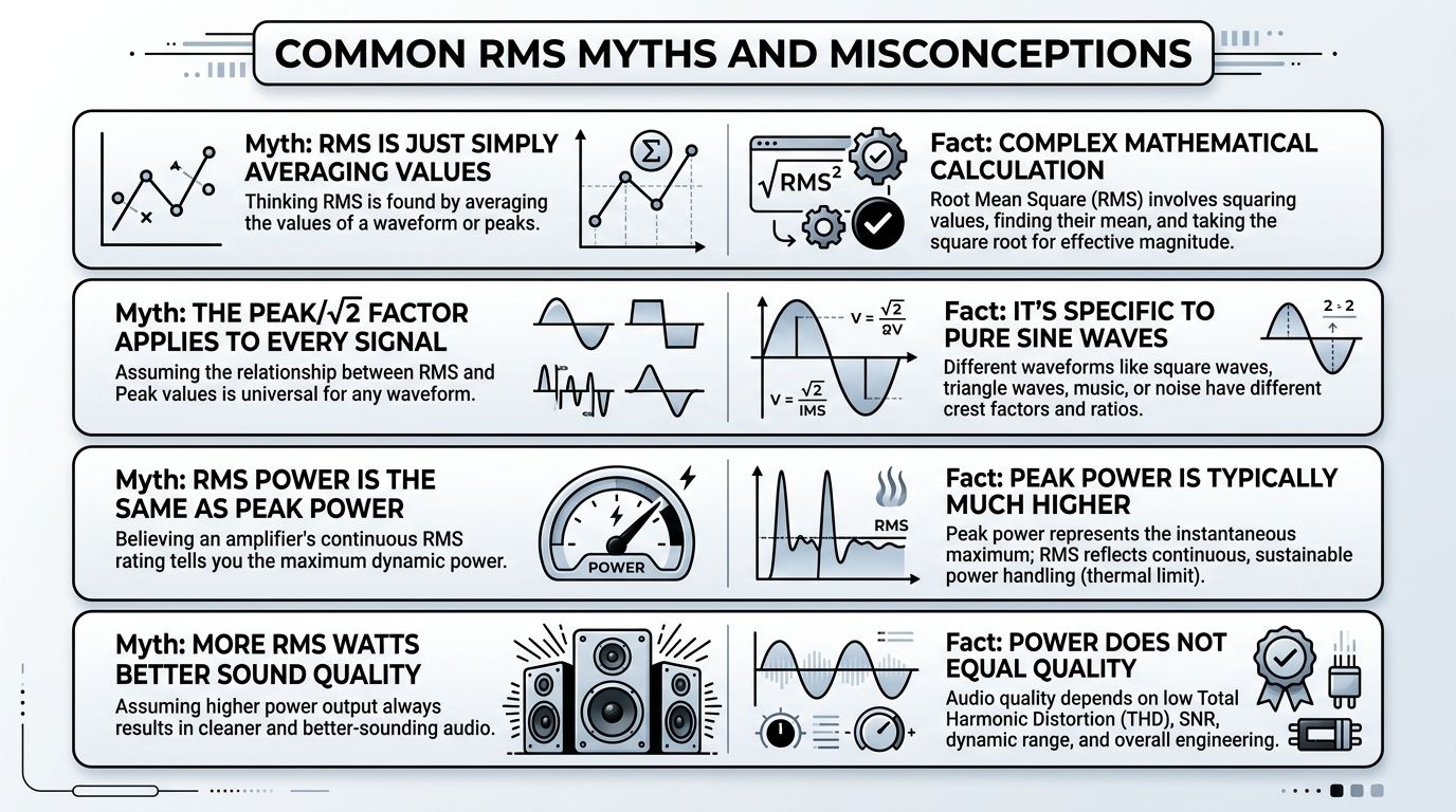 An infographic titled Common RMS Myths and Misconceptions detailing facts about power and signal measurement.