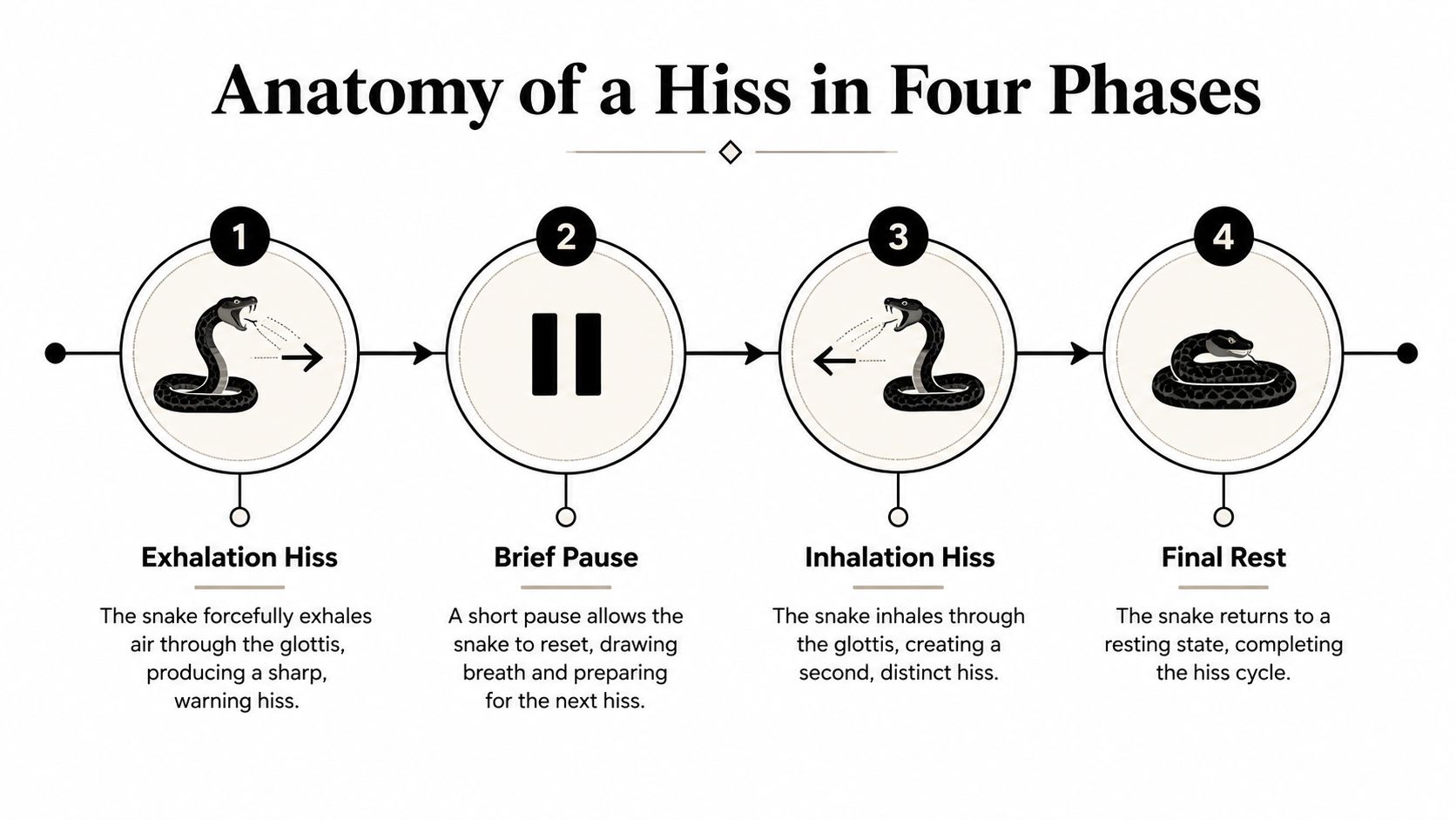 A four-step diagram illustrating the process of a snake hissing, including exhalation, pause, inhalation, and rest.