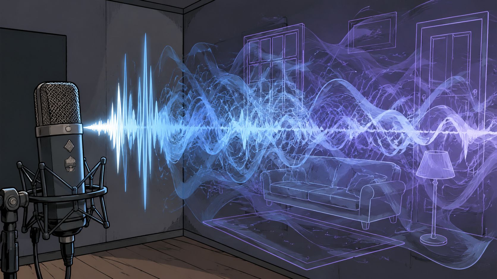 A studio microphone captures vocal audio with visual sound waves transforming into a serene living room interior.