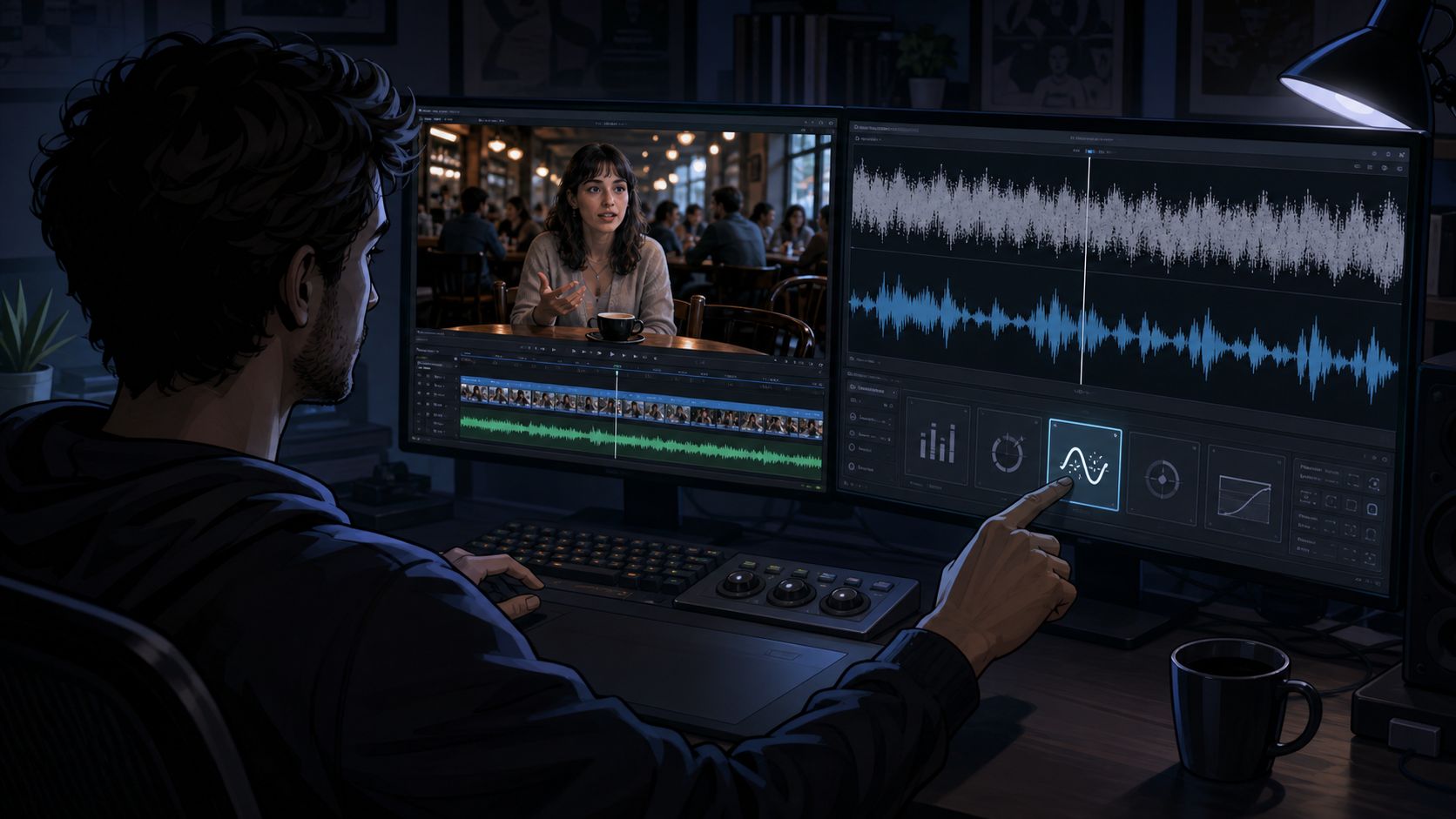 A digital artist uses advanced audio software on dual monitors to remove background noise from a video clip.
