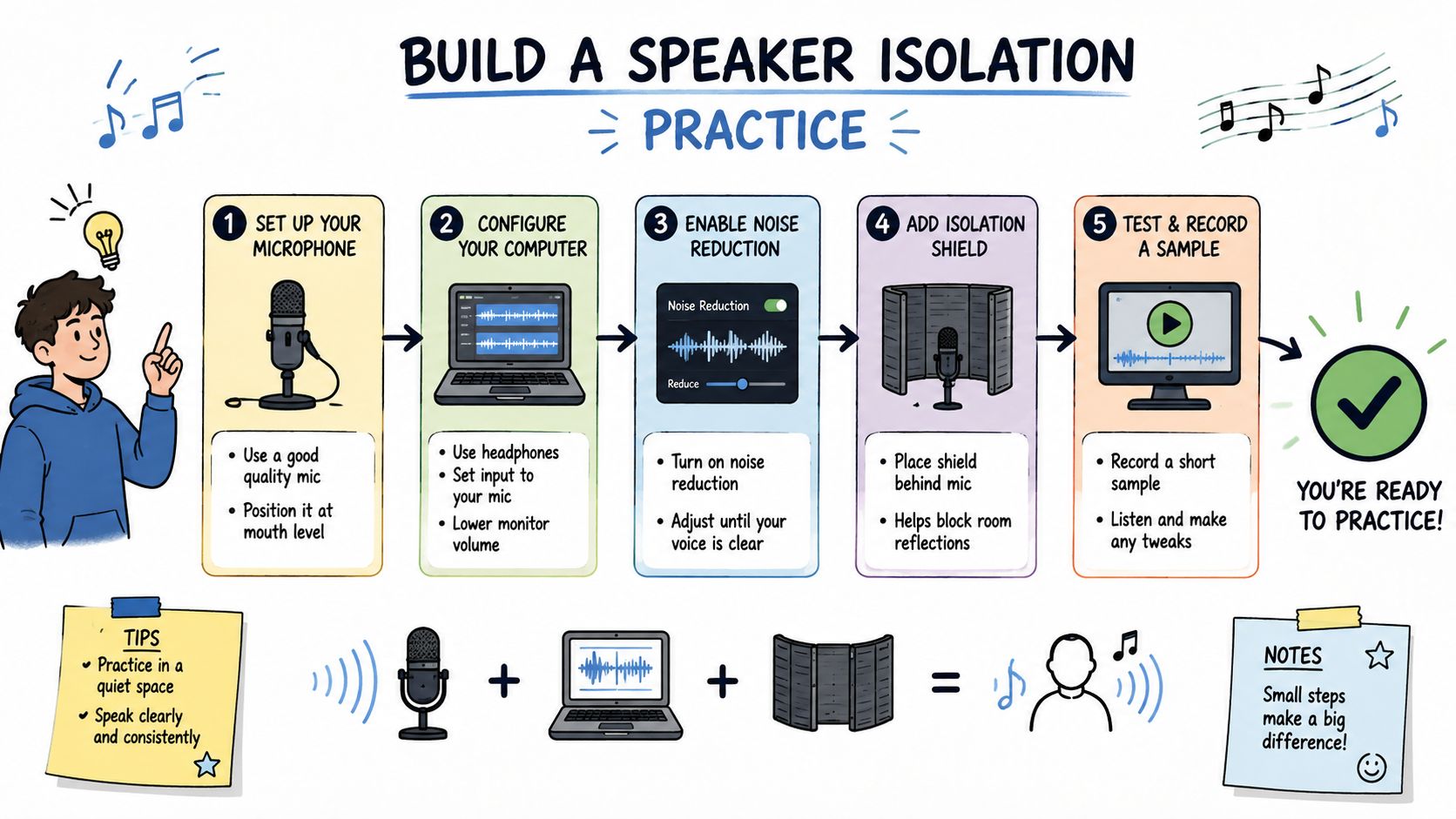 A five-step guide illustrated with icons showing how to set up speaker isolation for better voice recording.