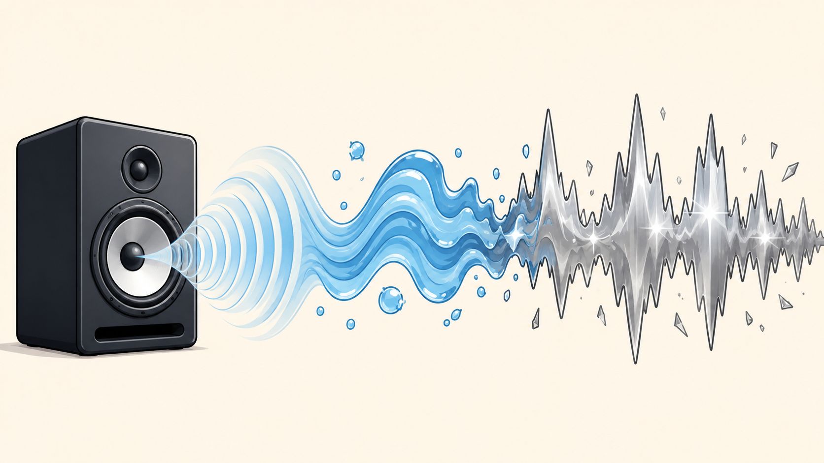 A black studio monitor speaker emits sound waves transitioning from fluid water into sharp crystalline structures.