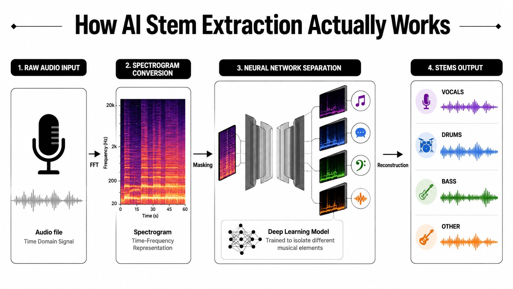 A diagram illustrating the four steps of how AI stem extraction processes audio into separate musical tracks.