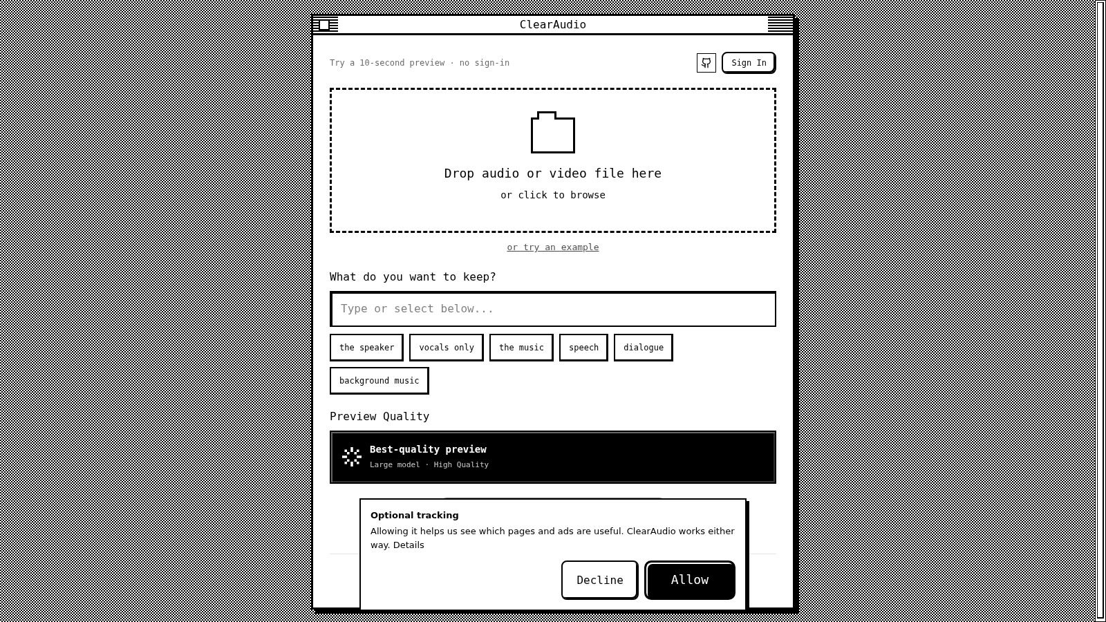 Screenshot from https://www.clearaudio.app