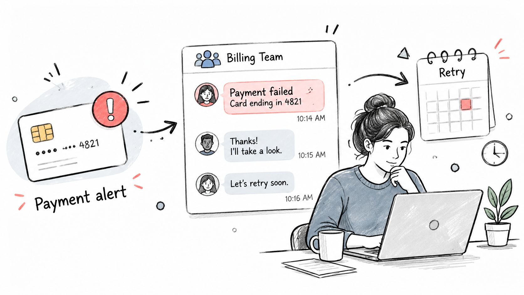 A hand-drawn illustration showing a payment alert notification being resolved through a Slack workflow team communication.