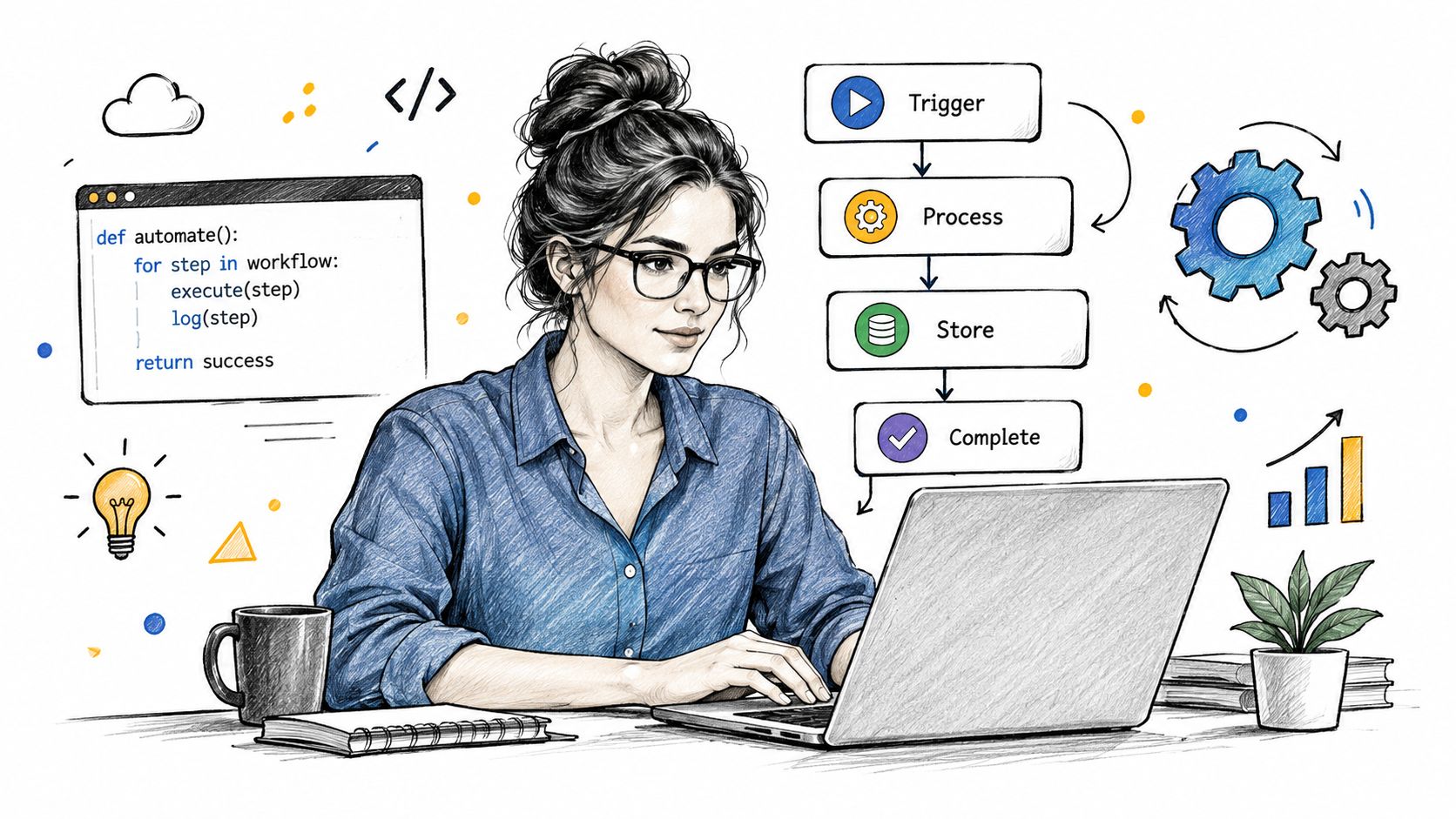 A professional woman at a laptop working on a visual representation of an automated workflow process.