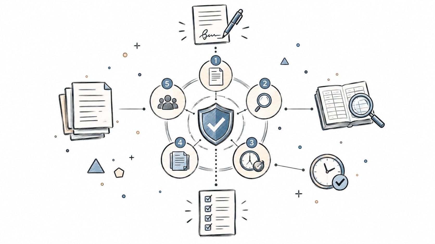 A diagram illustrating a five-step process for revenue recognition featuring icons for documents, research, and timeline compliance.