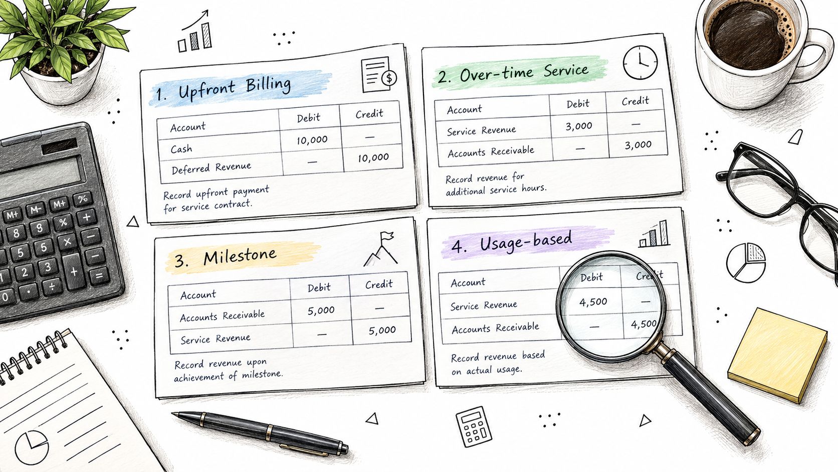 A hand-drawn illustration showing four different types of accounting journal entries for revenue recognition on a desk.
