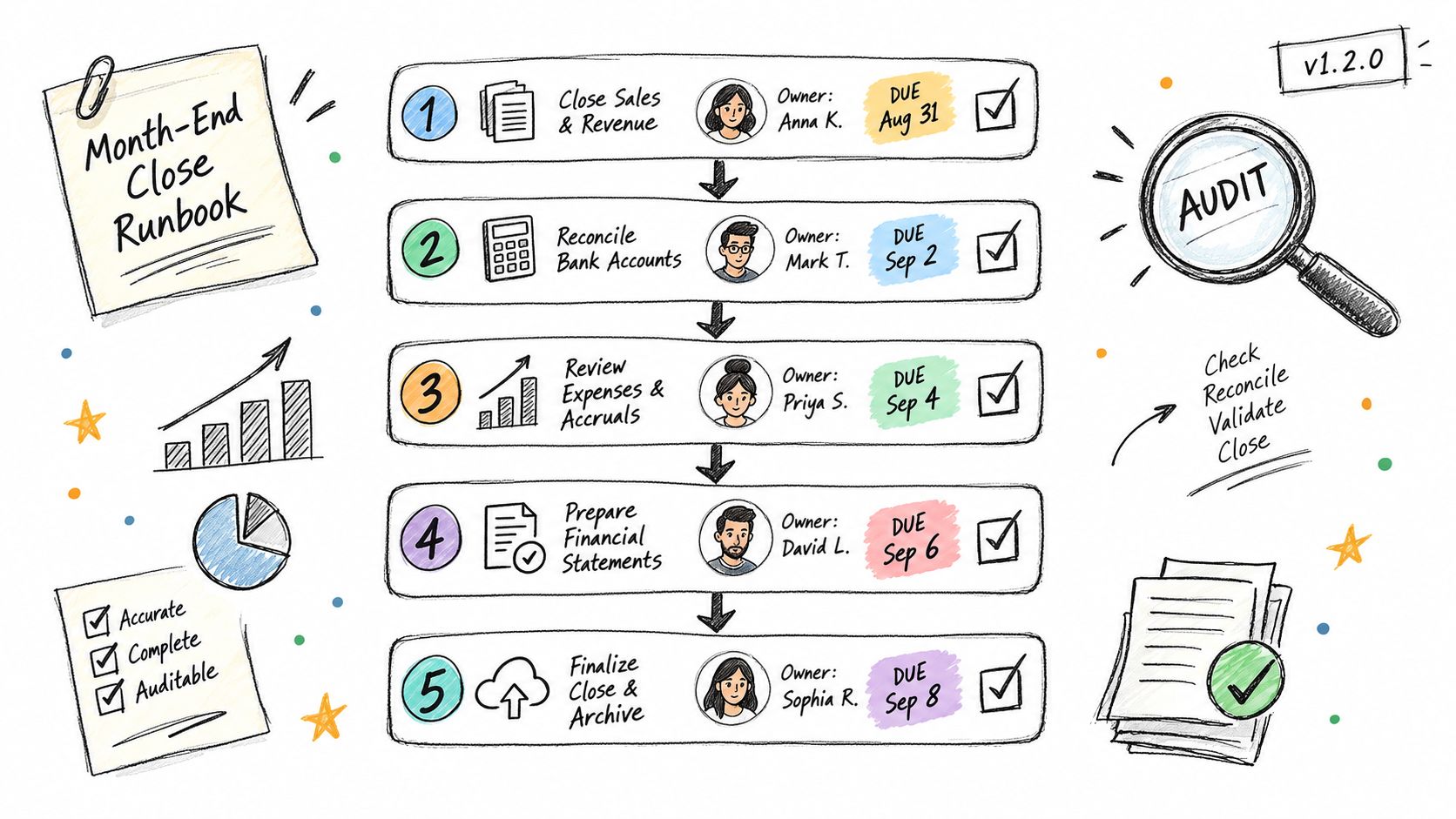 A sketched flowchart illustrating the five steps of a month-end close process with owners and due dates.