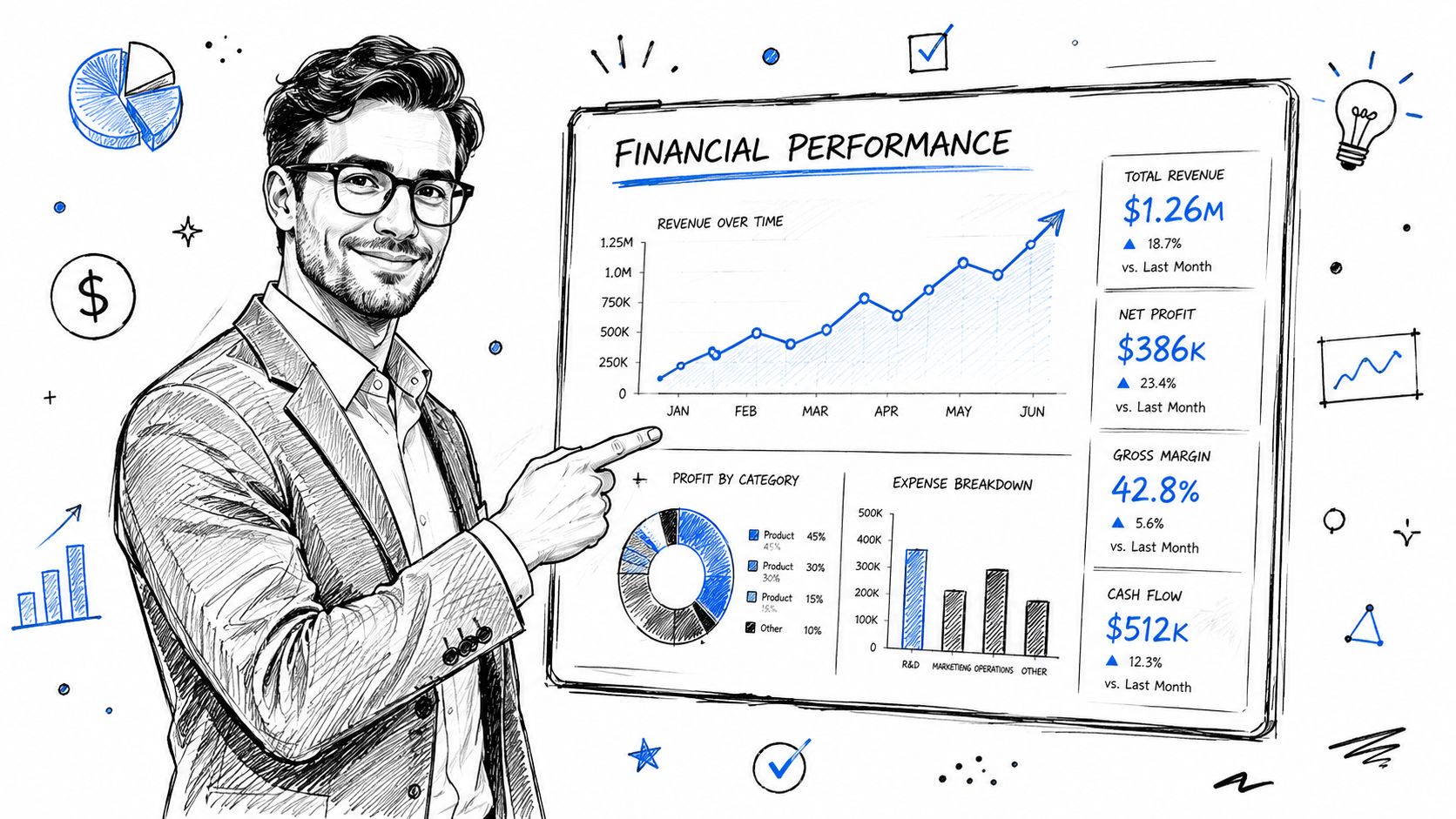 A professional man in a suit presenting financial performance charts and business metrics on a digital board.
