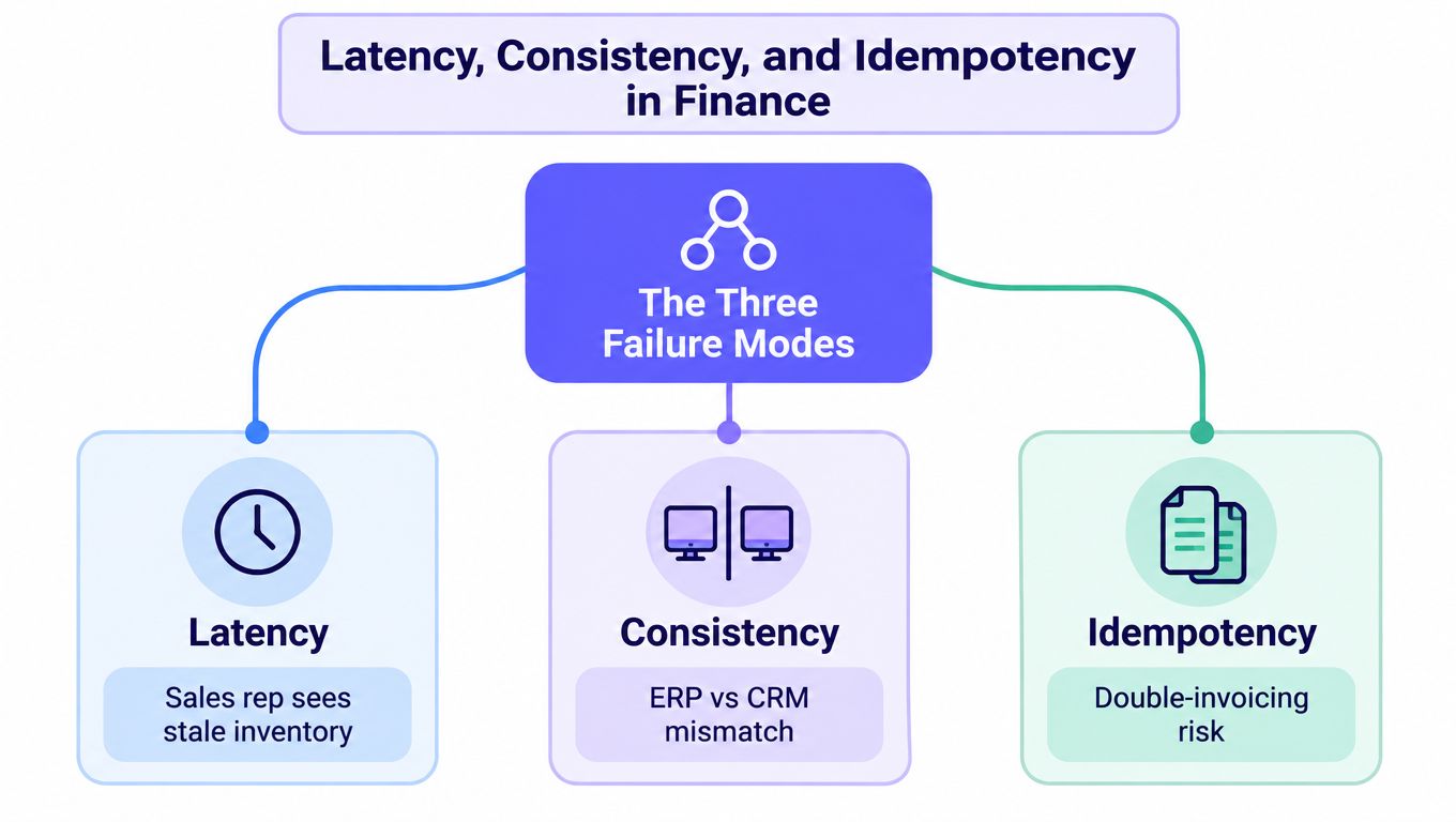A diagram illustrating three common technical failure modes in finance: Latency, Consistency, and Idempotency.
