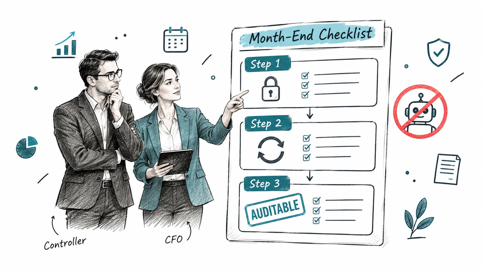 A professional controller and CFO reviewing a step-by-step month-end checklist on a digital board.