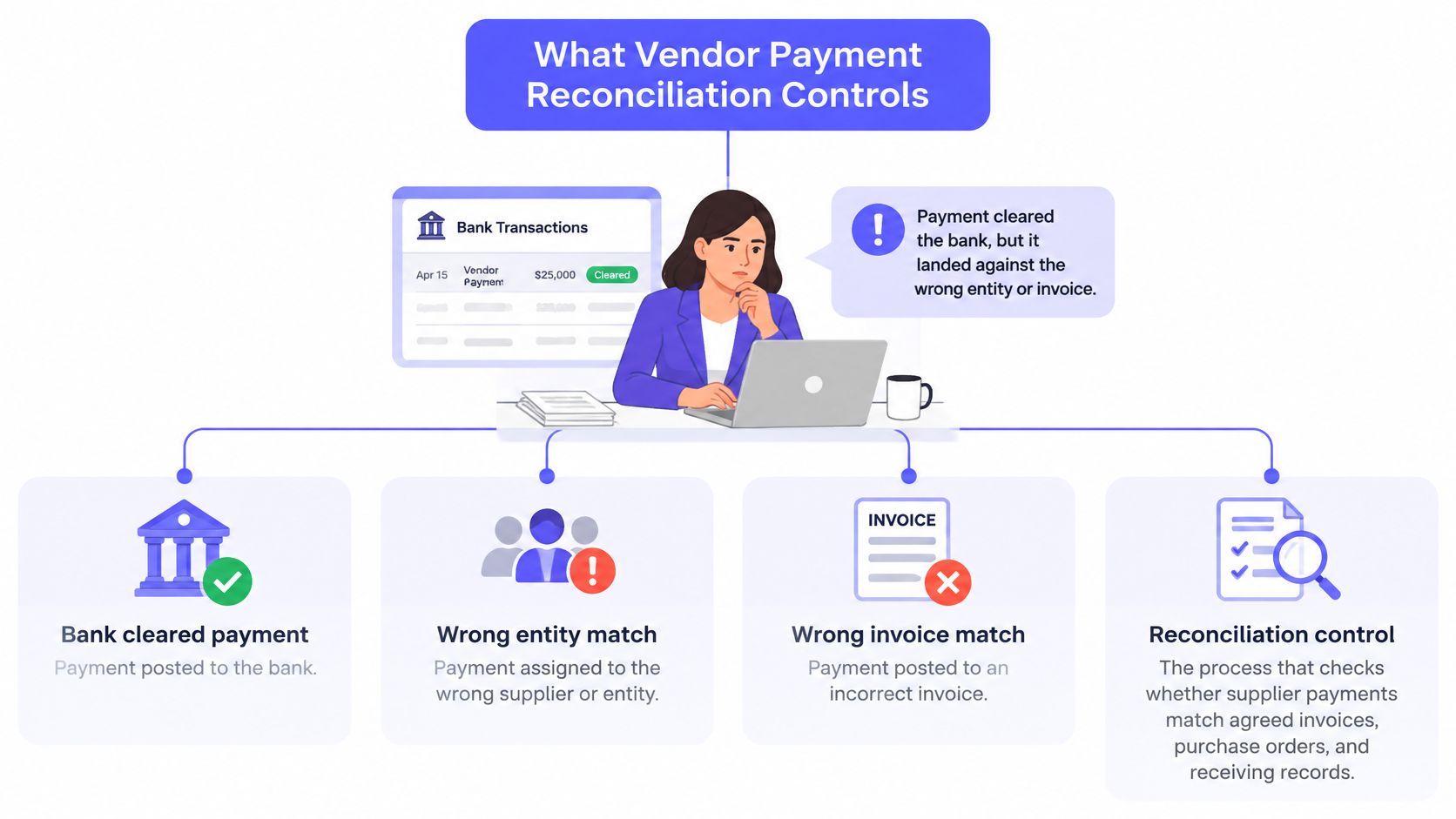 A professional analyzing vendor payment reconciliation controls to detect errors like wrong entity or incorrect invoice matching.