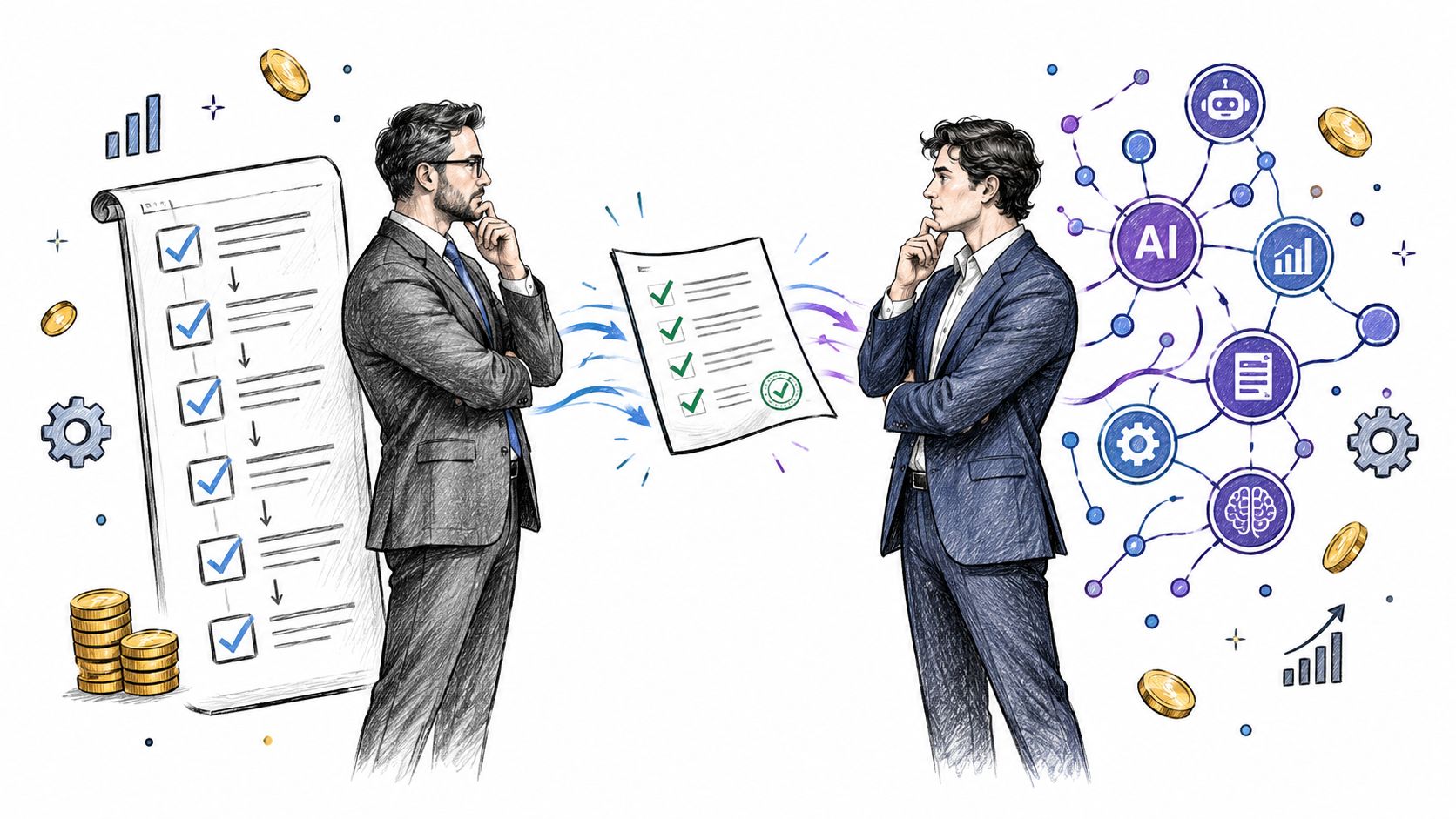 A business professional analyzing a flowchart and an AI digital network representing an accounts payable process.