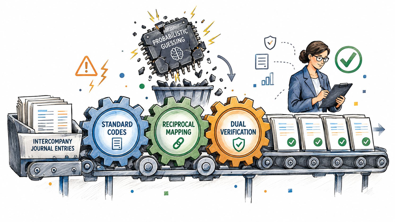 A conceptual illustration showing intercompany journal entries being processed through automated, verified accounting gears, replacing unreliable probabilistic guessing.