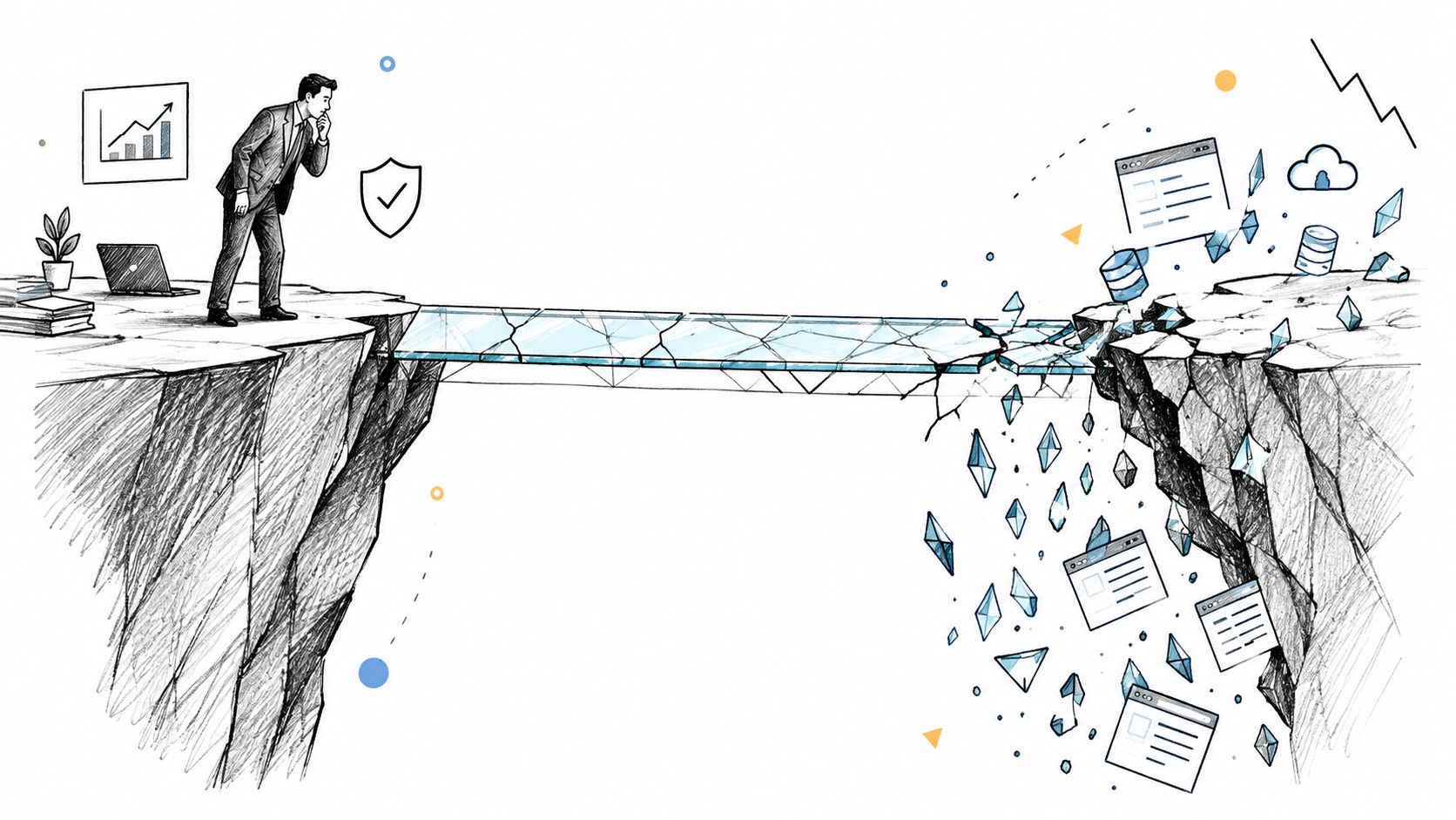 A businessman standing on a cliff edge looking at a crumbling glass bridge over a data gap.