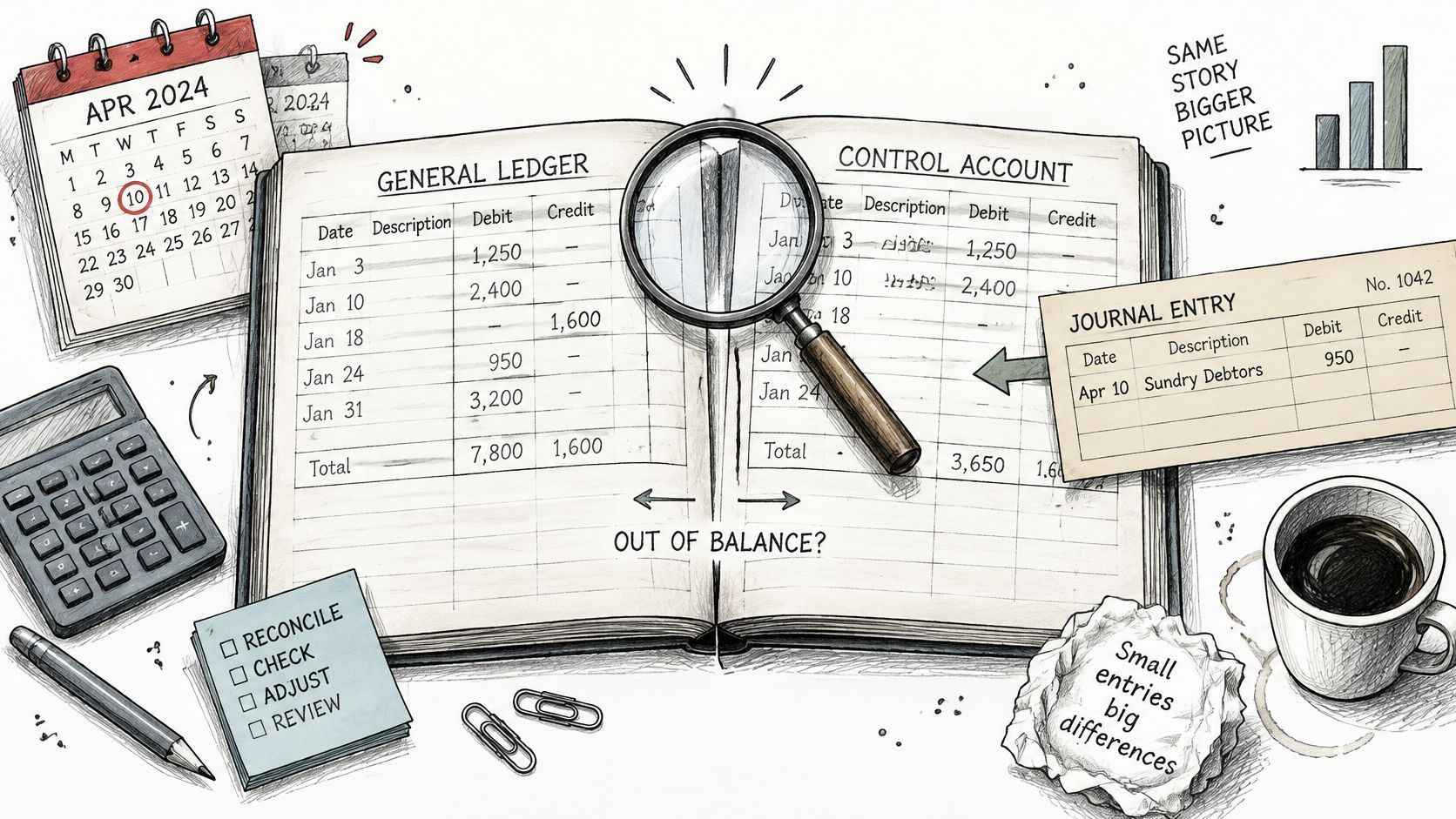 A hand-drawn illustration showing an open ledger, magnifying glass, calculator, and calendar symbolizing accounting reconciliation processes.