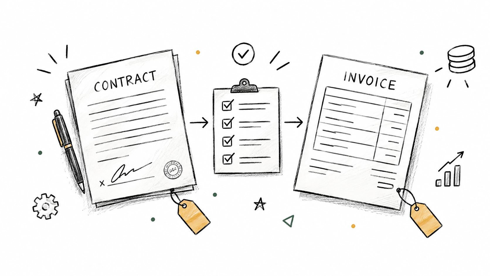 A hand-drawn illustration showing a contract, a task checklist, and an invoice linked in a process.