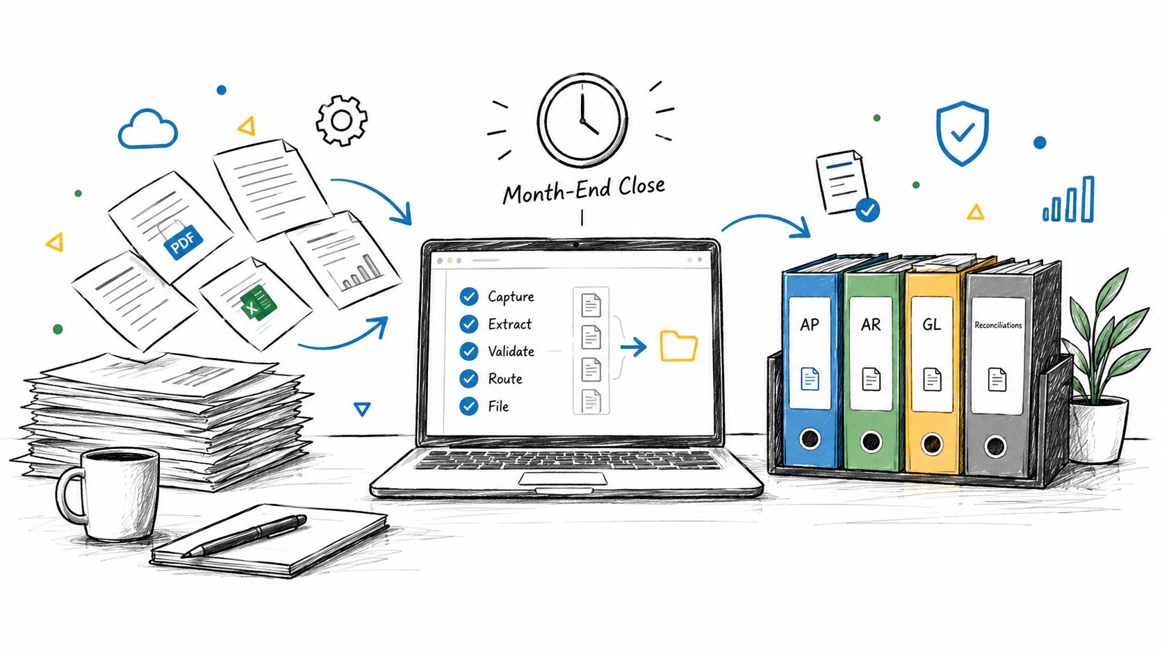 A hand-drawn illustration showing an automated digital workflow for month-end close accounting processes on a laptop.