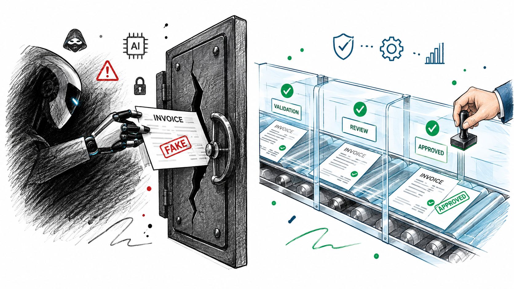 A conceptual illustration showing a robotic figure attempting to bypass security with a fake invoice, alongside a secure automated document verification process.