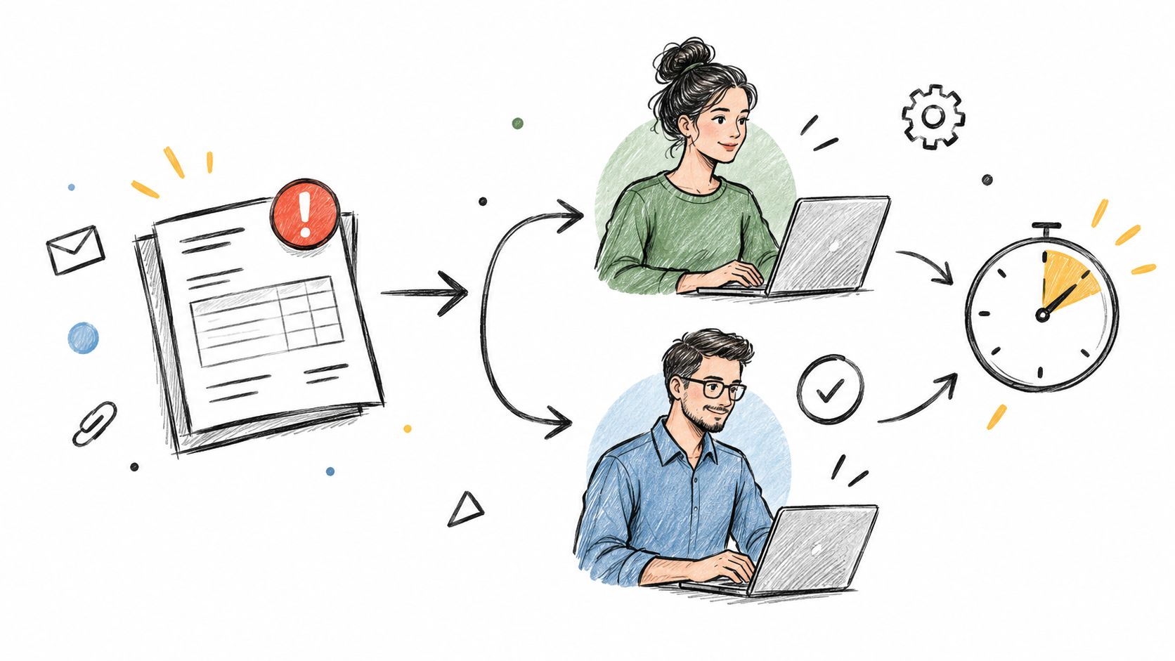 A digital illustration showing a document with an exclamation point being processed by two people on laptops.